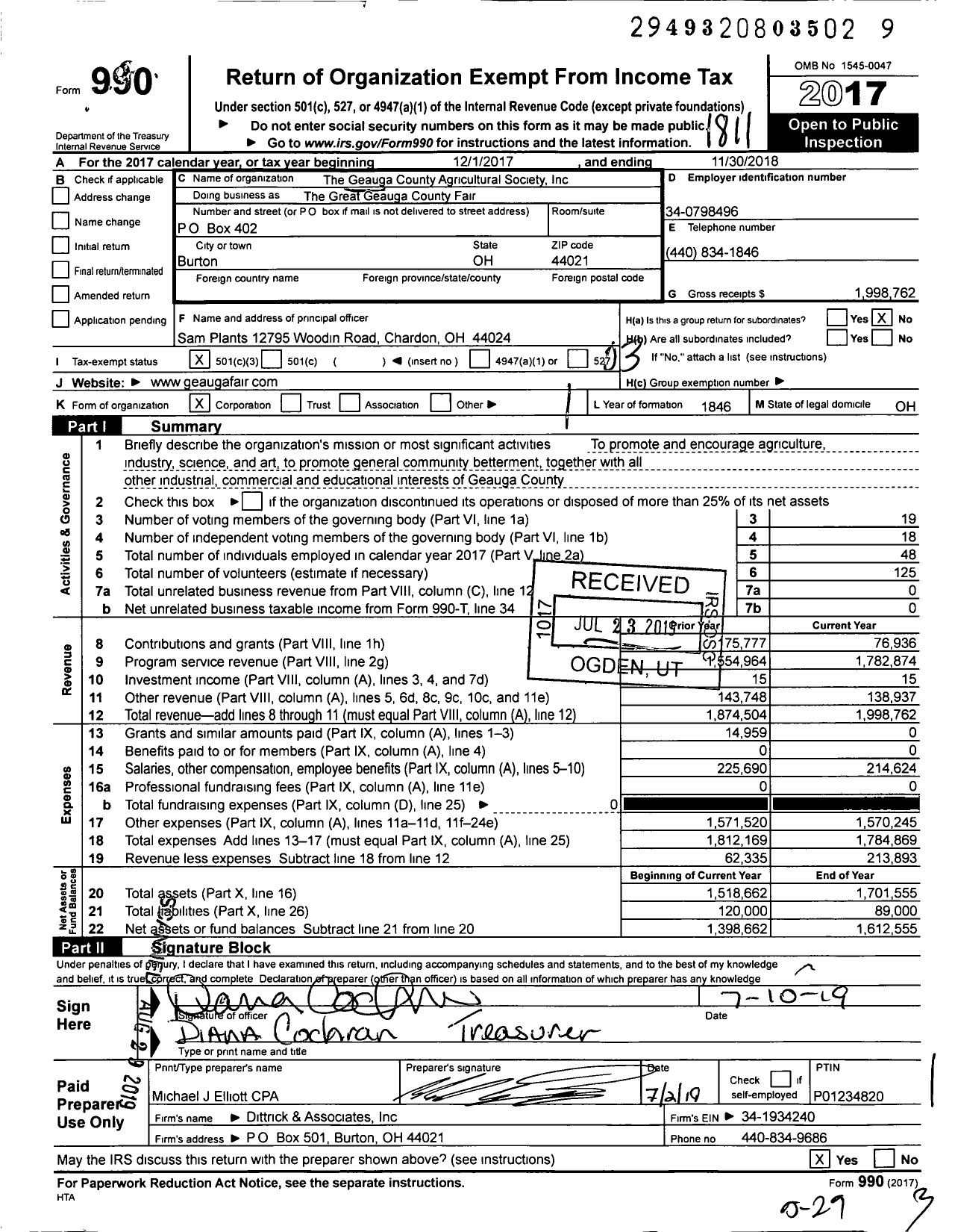 Image of first page of 2017 Form 990 for The Great Geauga County Fair