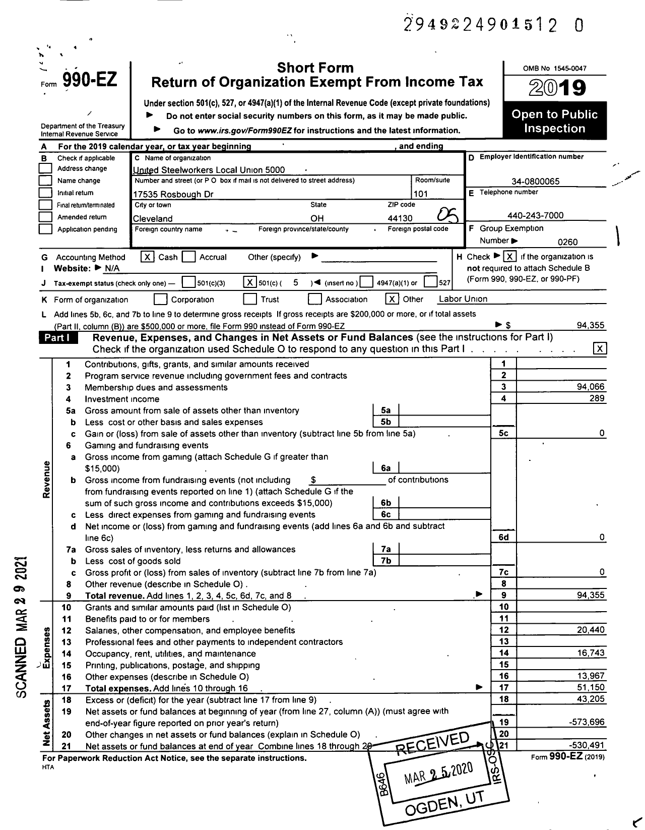 Image of first page of 2019 Form 990EO for United Steelworkers - USW Lu 5000-01