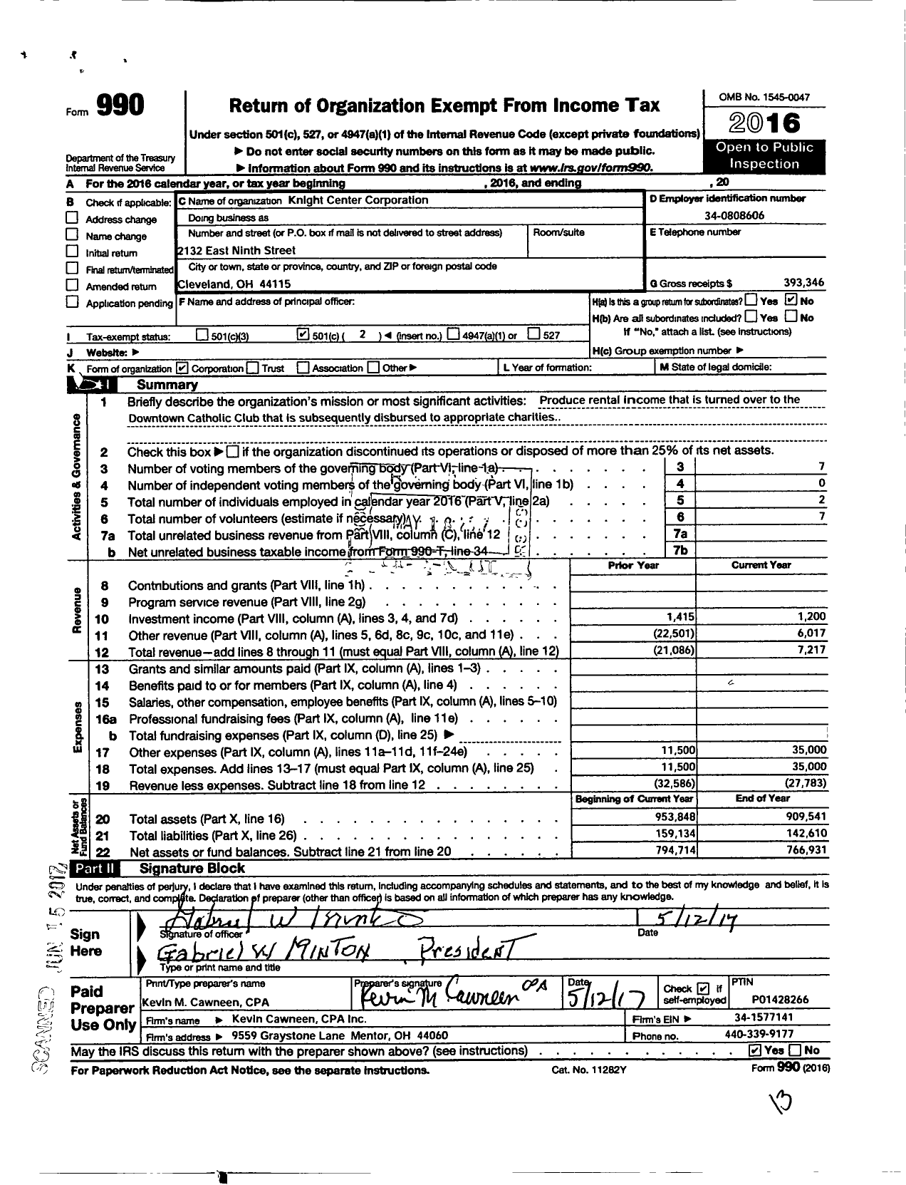 Image of first page of 2016 Form 990O for Knight Center Corporation