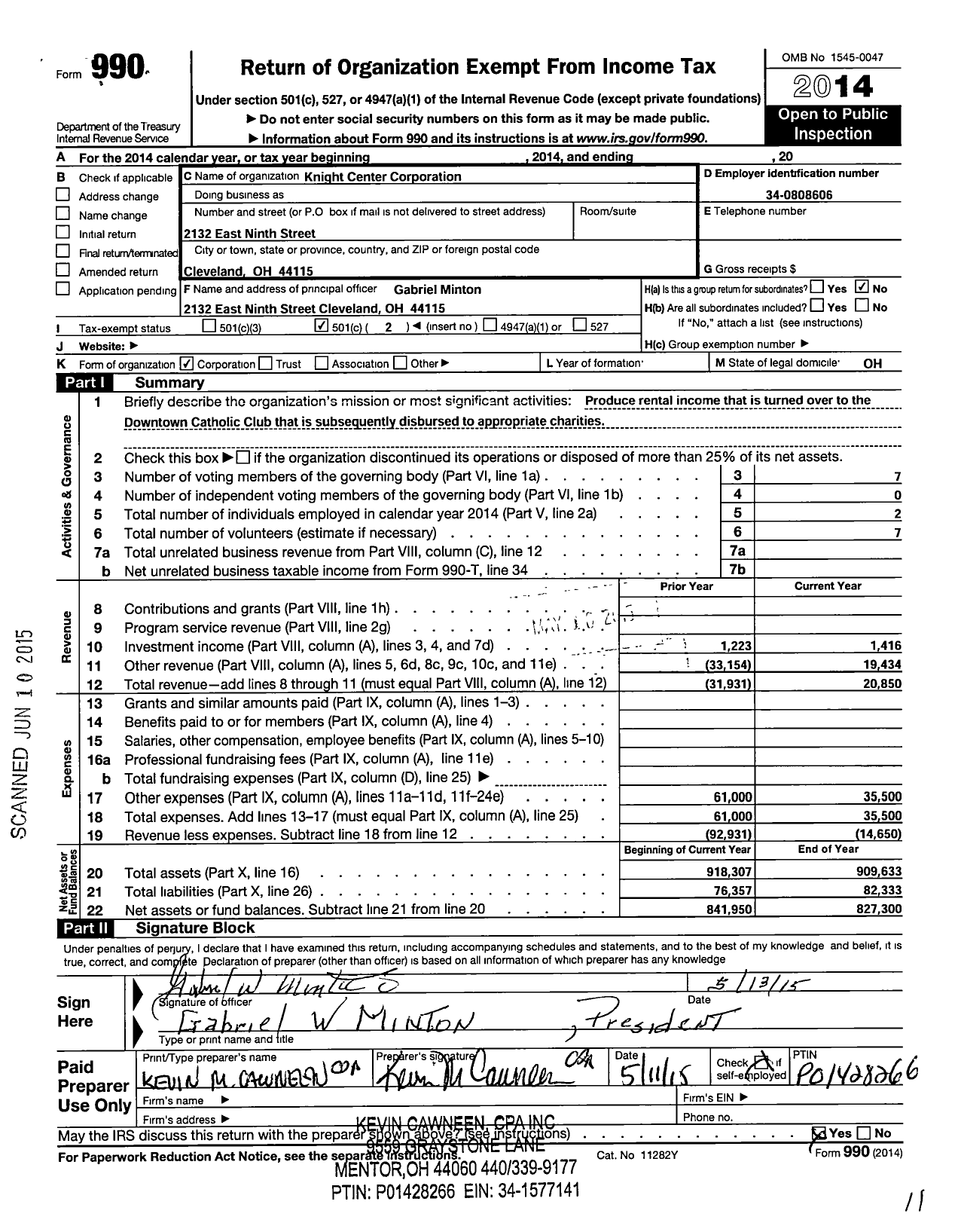 Image of first page of 2014 Form 990O for Knight Center Corporation