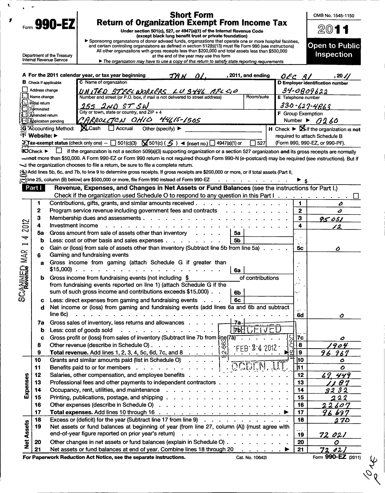 Image of first page of 2011 Form 990EO for United Steelworkers - 03446 Local