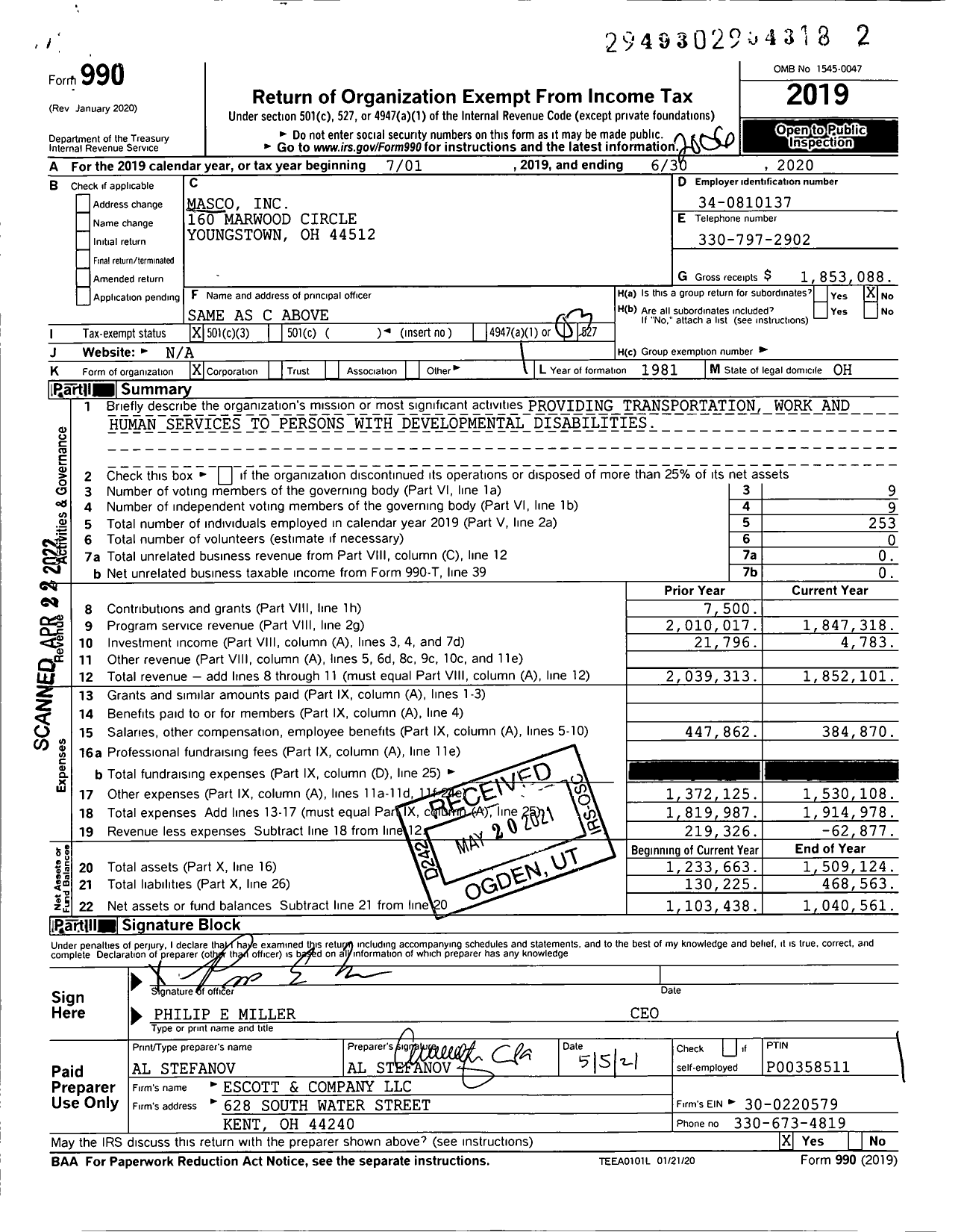 Image of first page of 2019 Form 990 for Masco