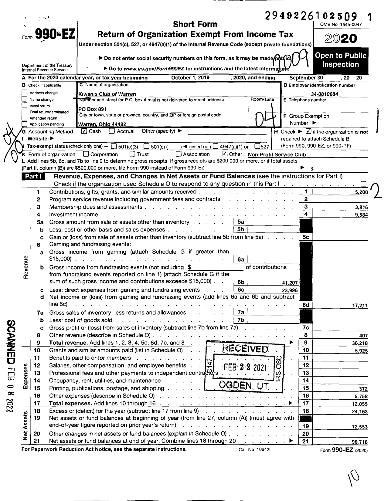 Image of first page of 2019 Form 990EO for Kiwanis International - K00254 Warren