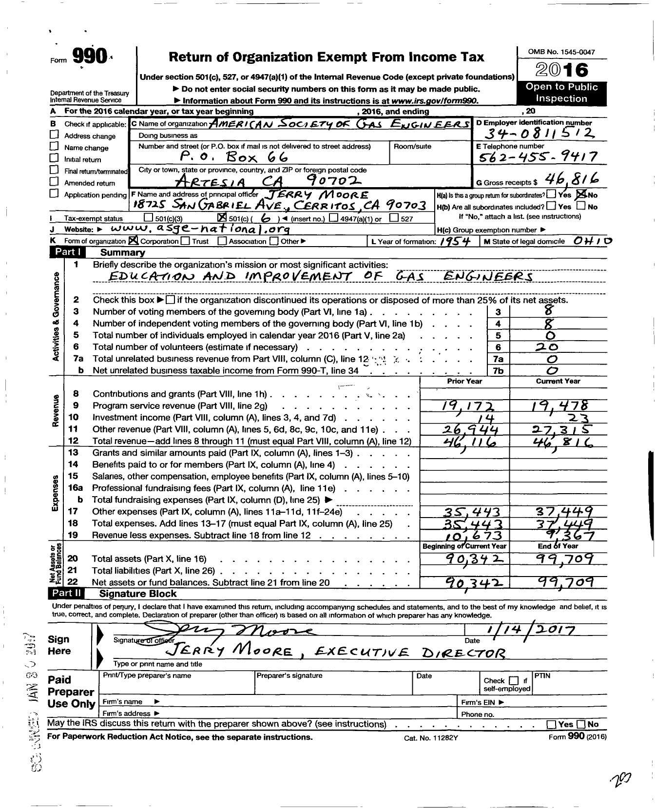 Image of first page of 2016 Form 990O for American Society of Gas Engineers