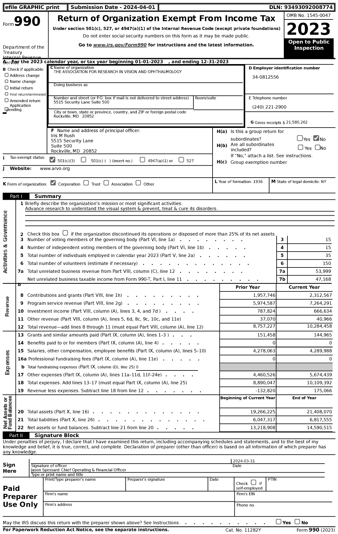 Image of first page of 2023 Form 990 for The Association for Research in Vision and Ophthalmology