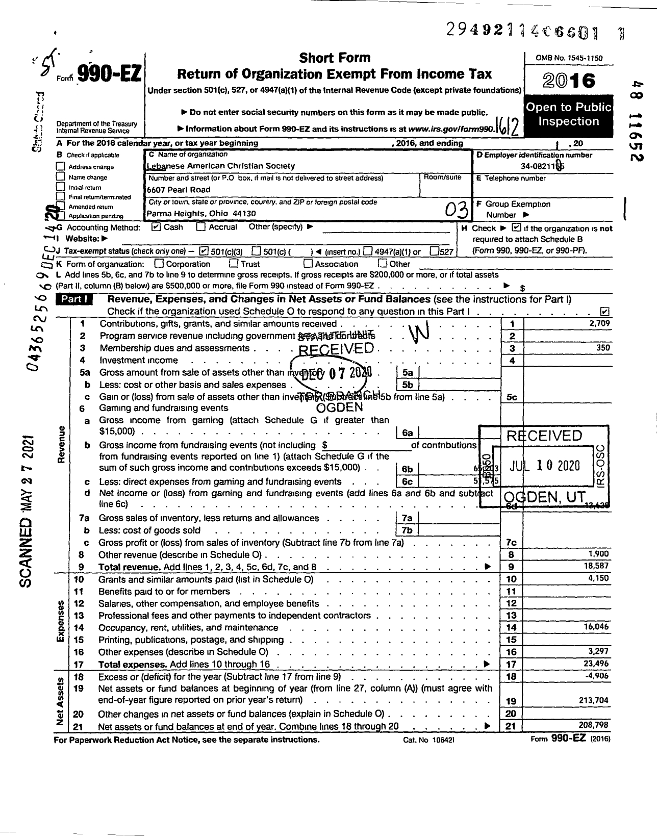 Image of first page of 2016 Form 990EZ for Lebanese American Christian Society