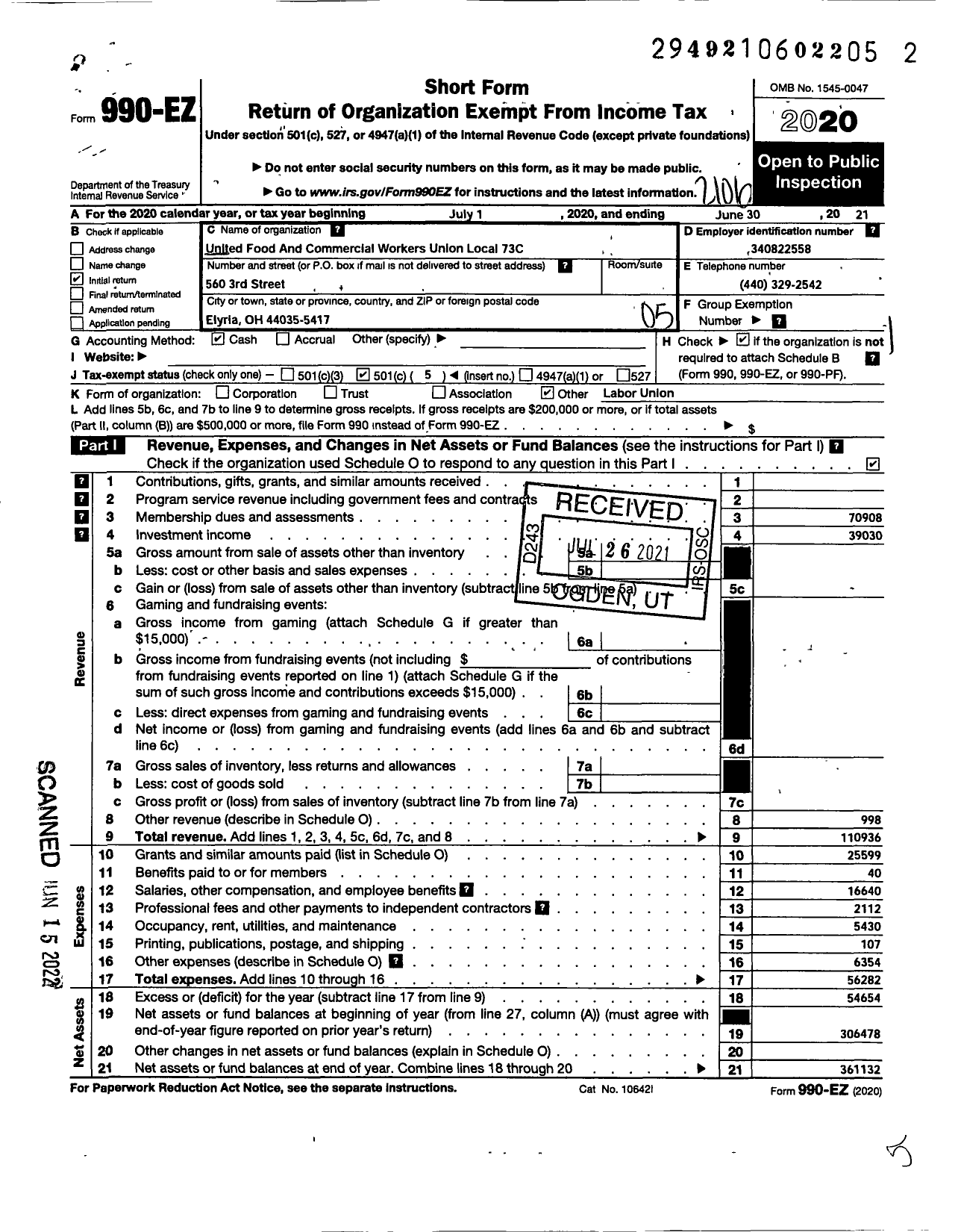 Image of first page of 2020 Form 990EO for United Food & Commercial Workers Union - International Chemical Workers Union Council Local 73c