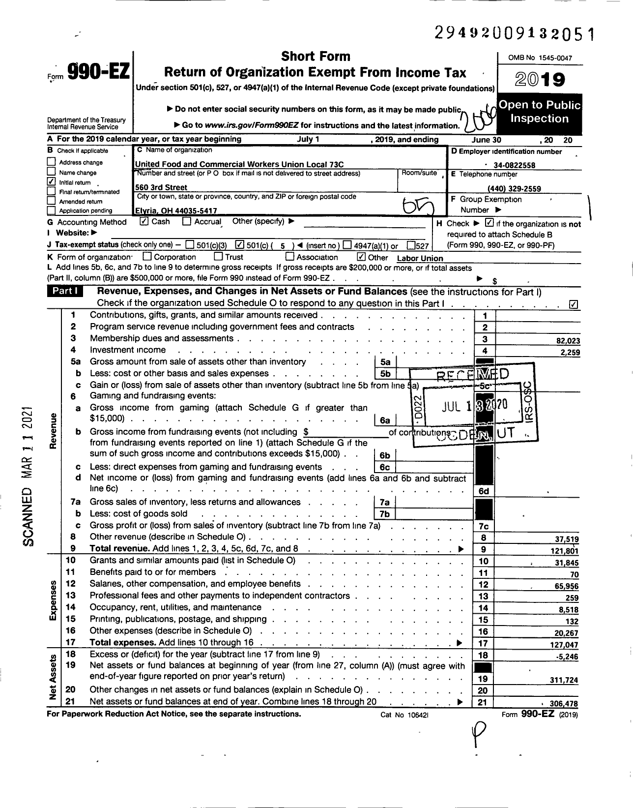 Image of first page of 2019 Form 990EO for United Food & Commercial Workers Union - International Chemical Workers Union Council Local 73c