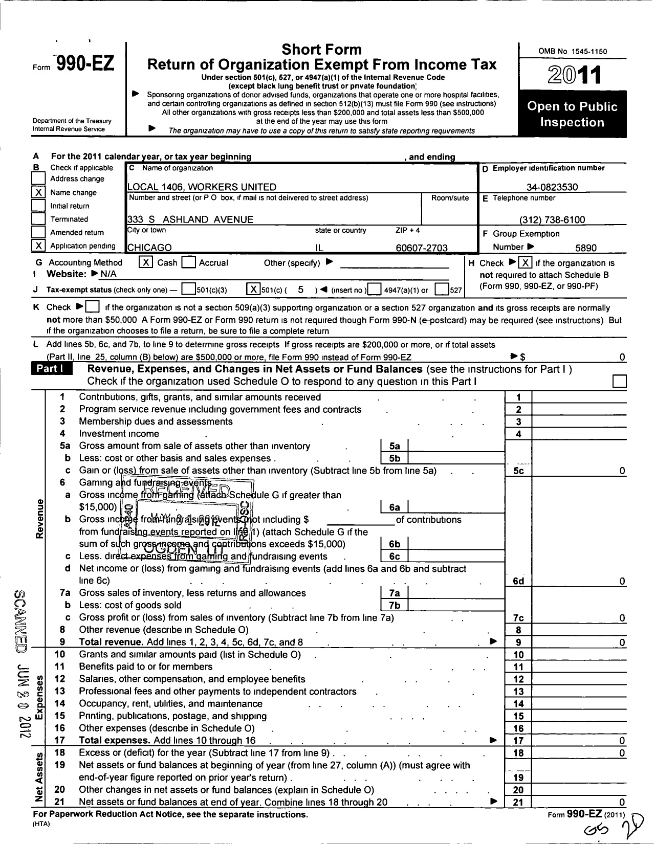 Image of first page of 2011 Form 990EO for Workers United - 1406 Local