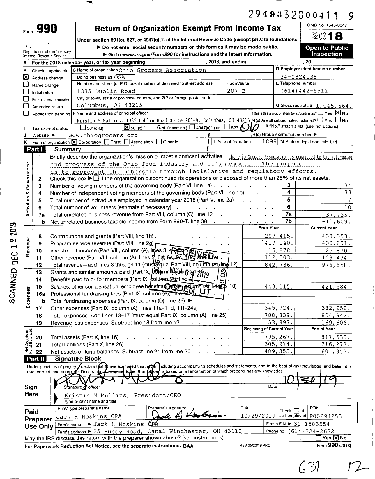 Image of first page of 2018 Form 990O for Ohio Grocers Association (OGA)