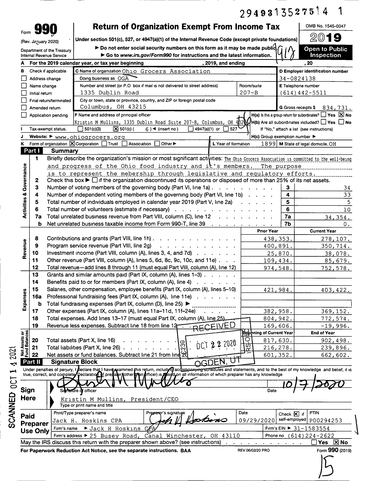 Image of first page of 2019 Form 990O for Ohio Grocers Association (OGA)