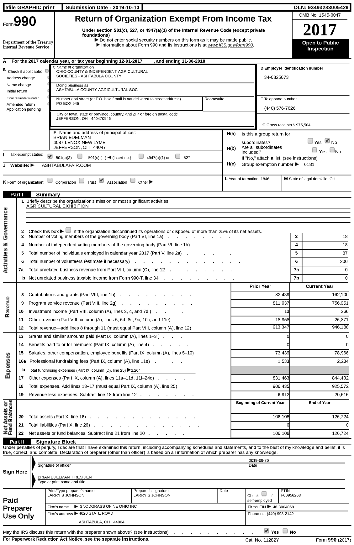 Image of first page of 2017 Form 990 for Ohio County & Independent Agricultural Societies - Ashtabula County Agricultural Soc