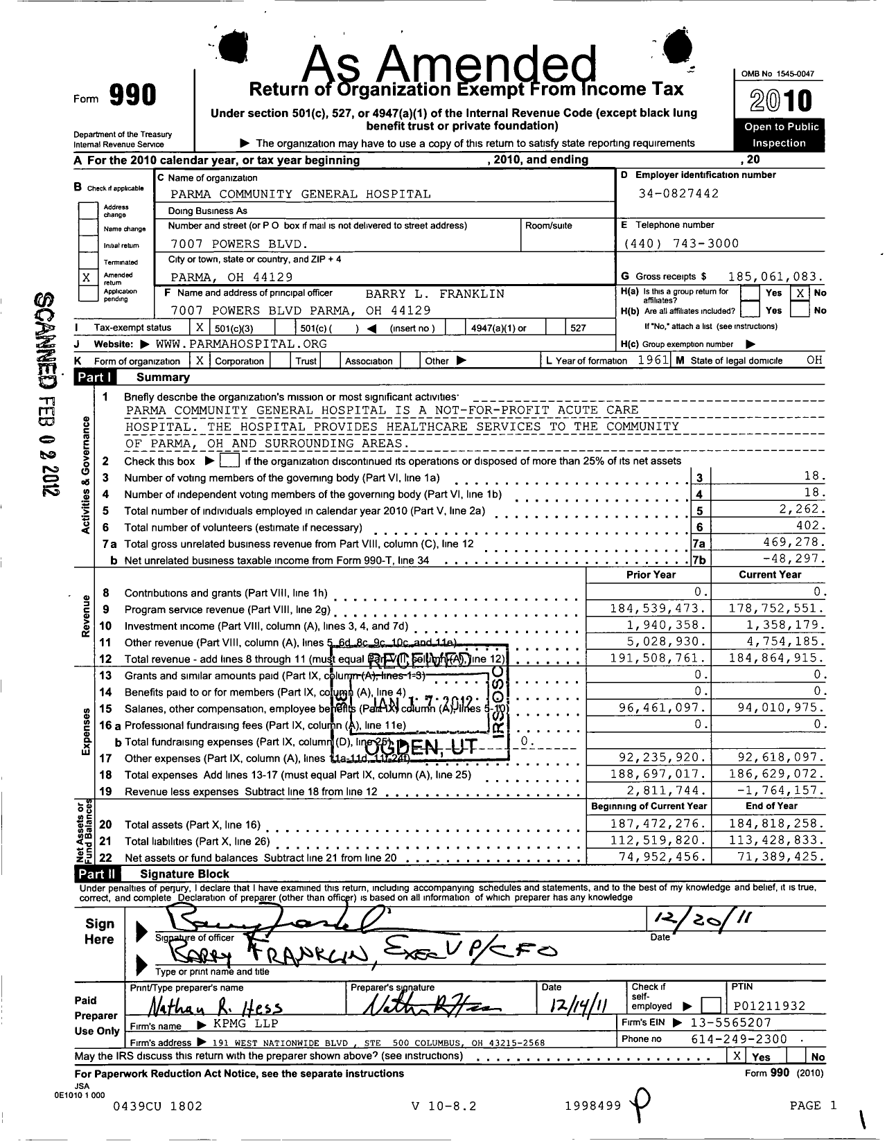 Image of first page of 2010 Form 990 for UH Parma Medical Center