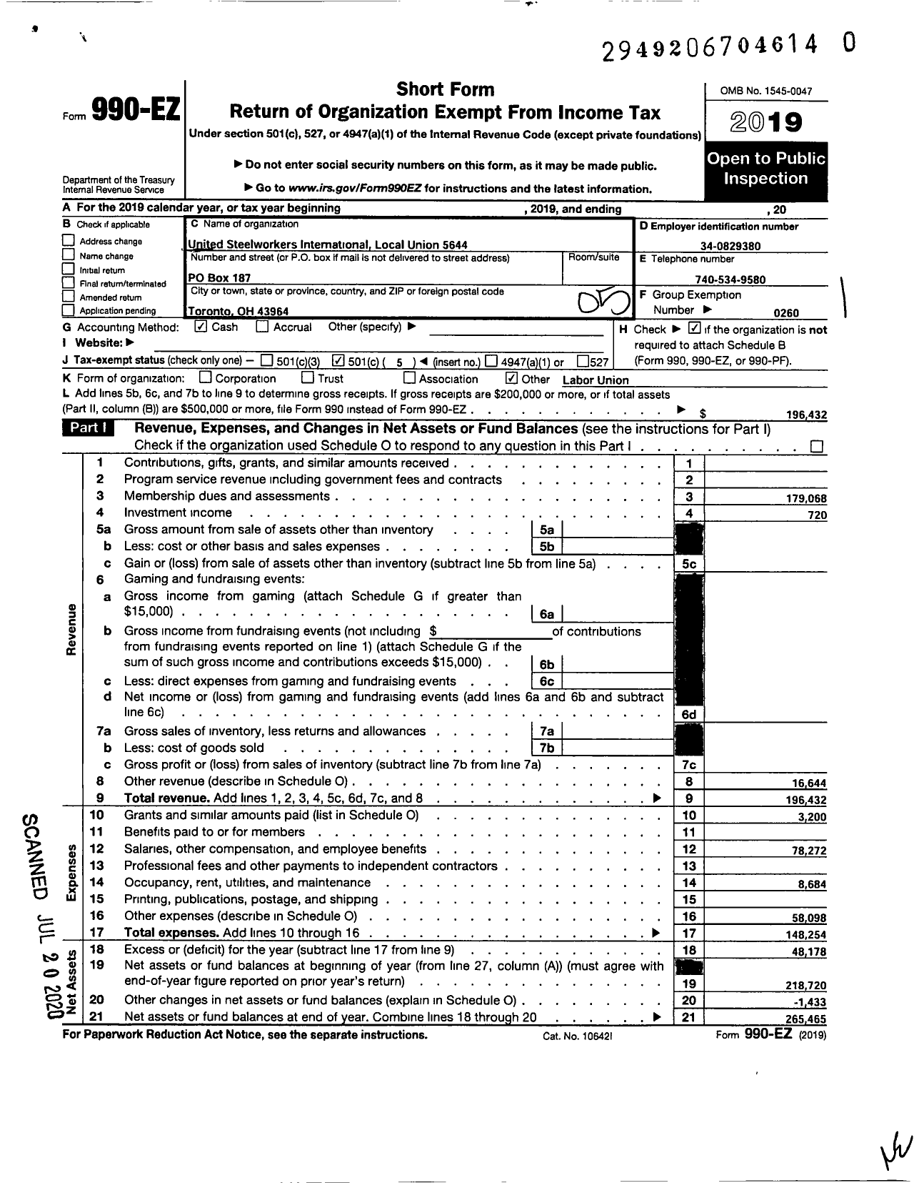 Image of first page of 2019 Form 990EO for United Steelworkers - 05644 Local