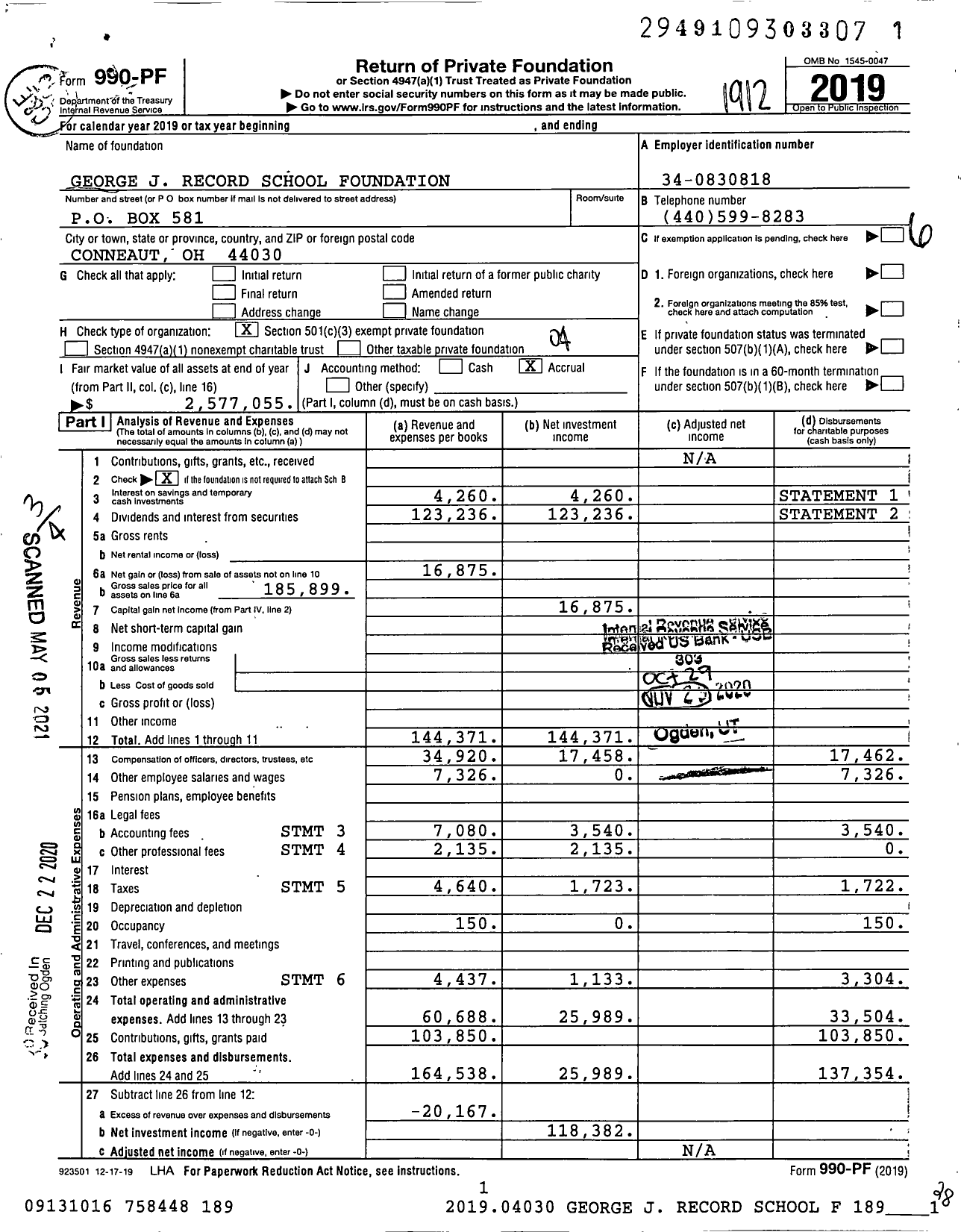 Image of first page of 2019 Form 990PF for George J Record School Foundation