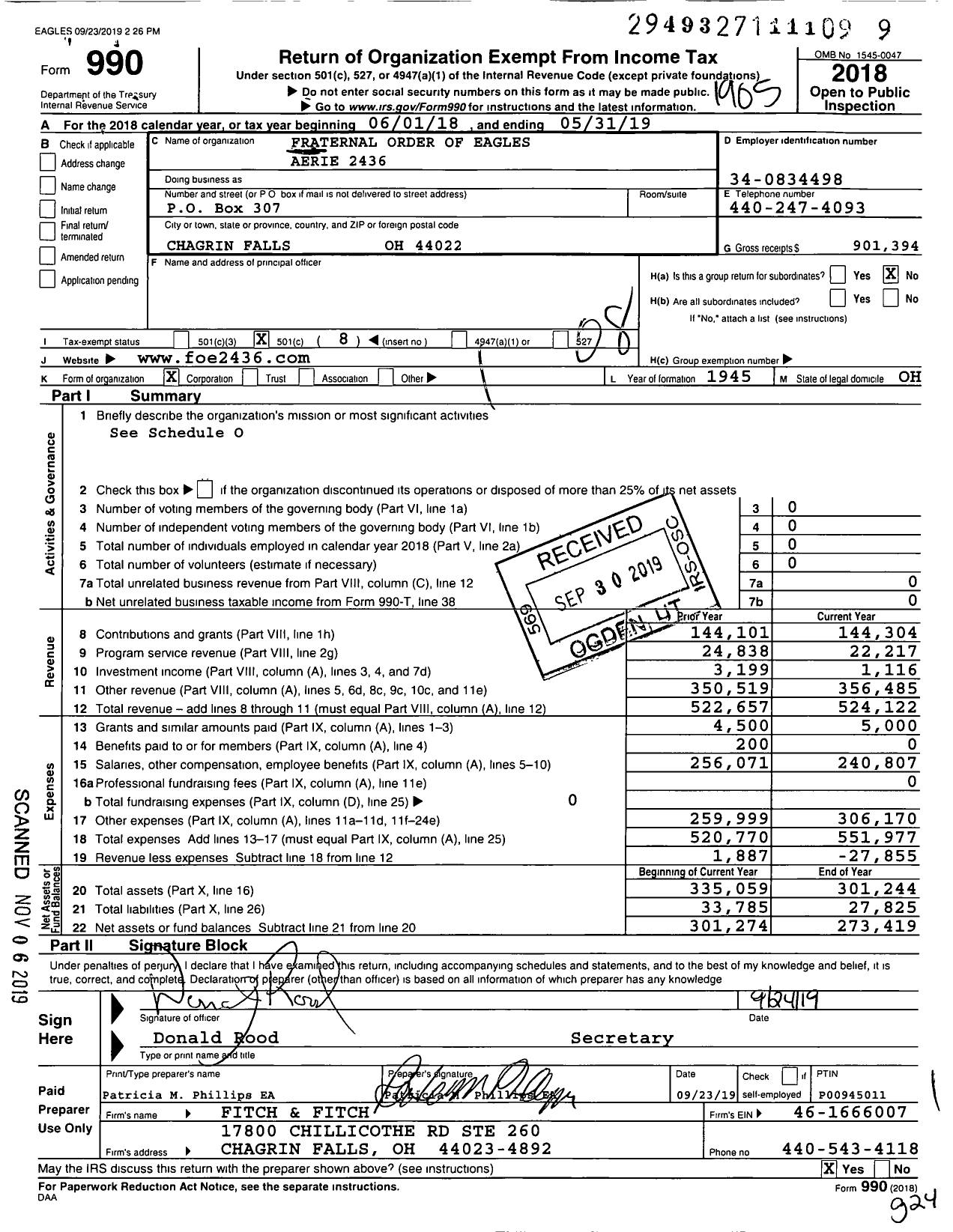 Image of first page of 2018 Form 990O for Fraternal Order of Eagles - 2436 Aerie