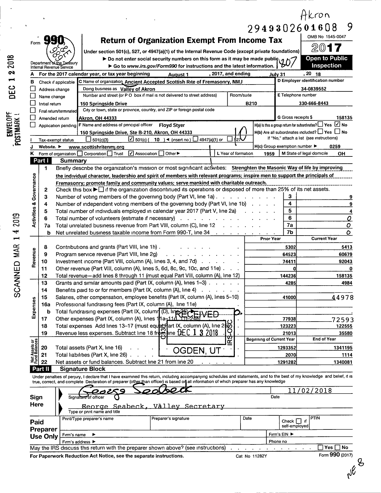 Image of first page of 2017 Form 990O for Scottish Rite, NMJ - Valley of Akron