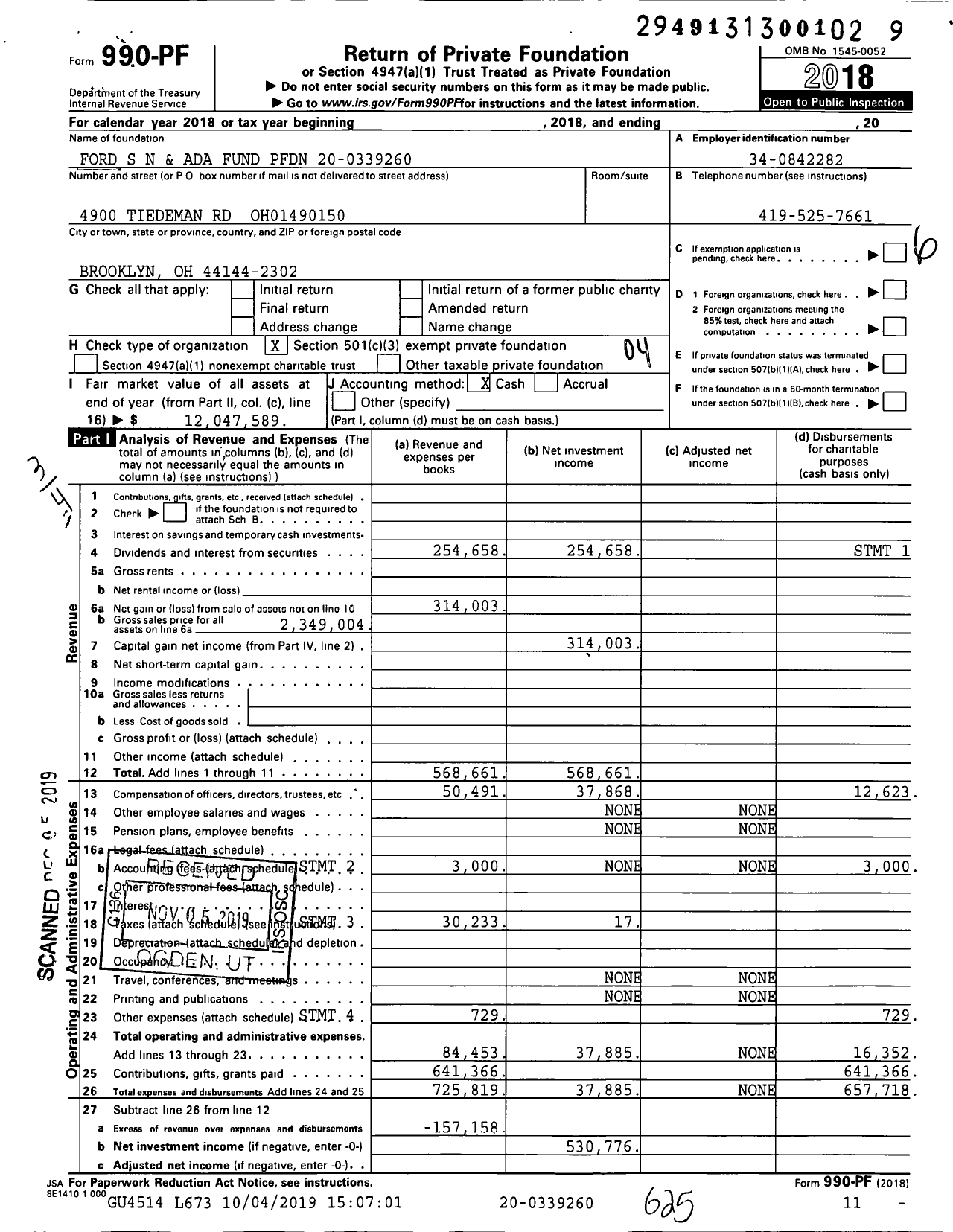 Image of first page of 2018 Form 990PF for Ford S N and Ada Fund PFDN