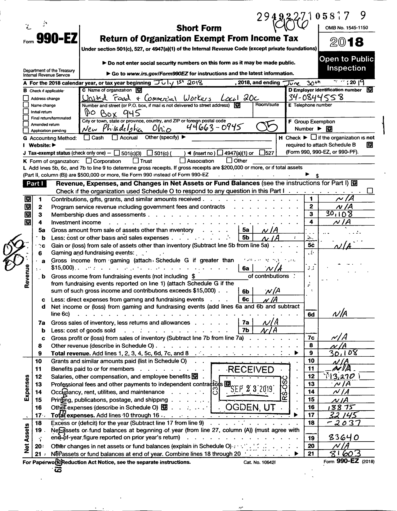 Image of first page of 2018 Form 990EO for United Food & Commercial Workers Union - 20c Local