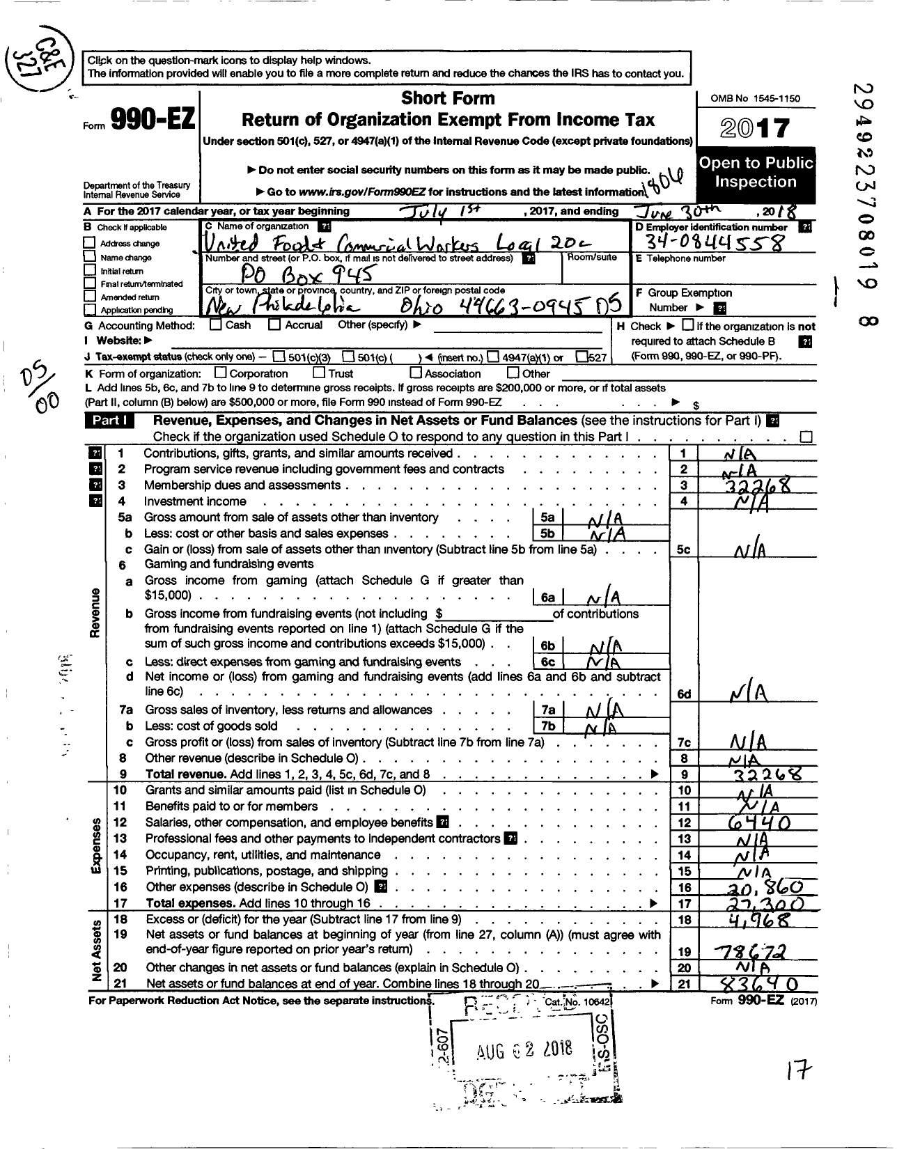 Image of first page of 2017 Form 990EO for United Food & Commercial Workers Union - 20c Local