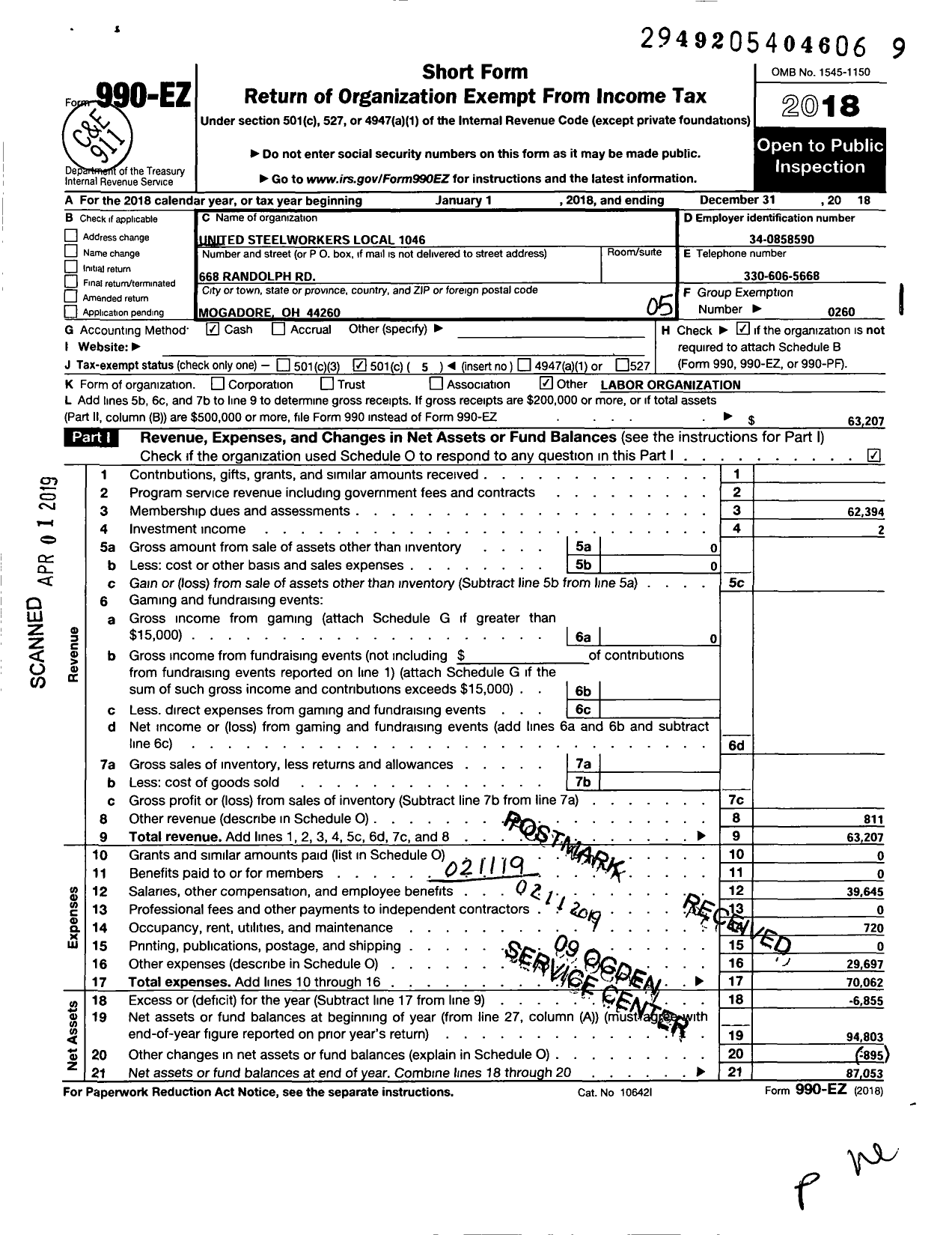 Image of first page of 2018 Form 990EO for United Steelworkers - Local 01046