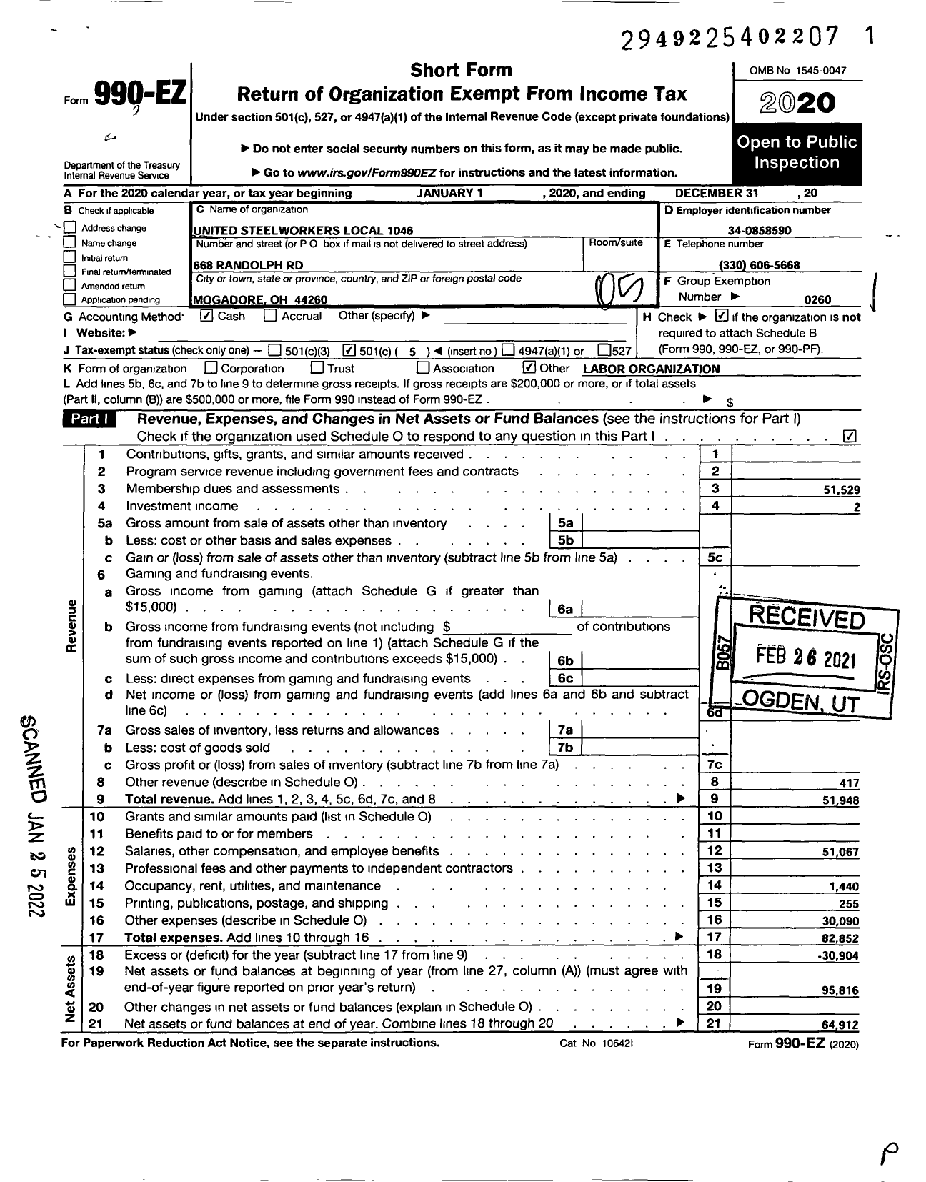 Image of first page of 2020 Form 990EO for United Steelworkers - Local 01046