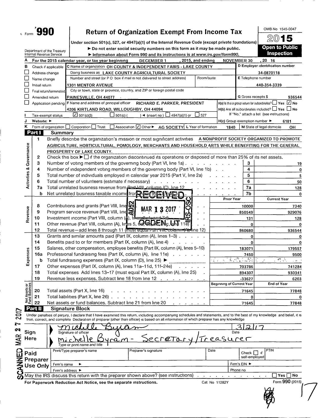 Image of first page of 2015 Form 990 for Ohio County & Independent Agricultural Societies - Lake County Agricultural Society