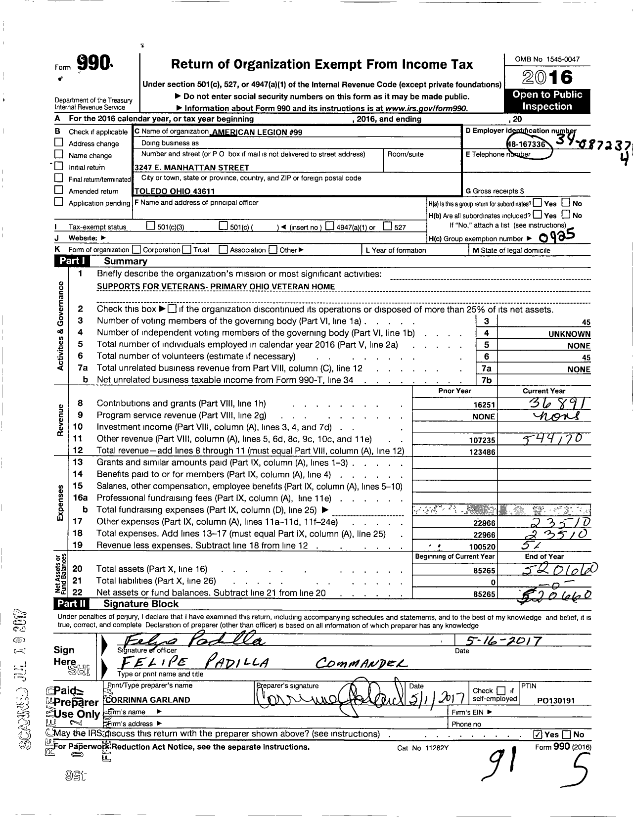 Image of first page of 2016 Form 990O for American Legion 99