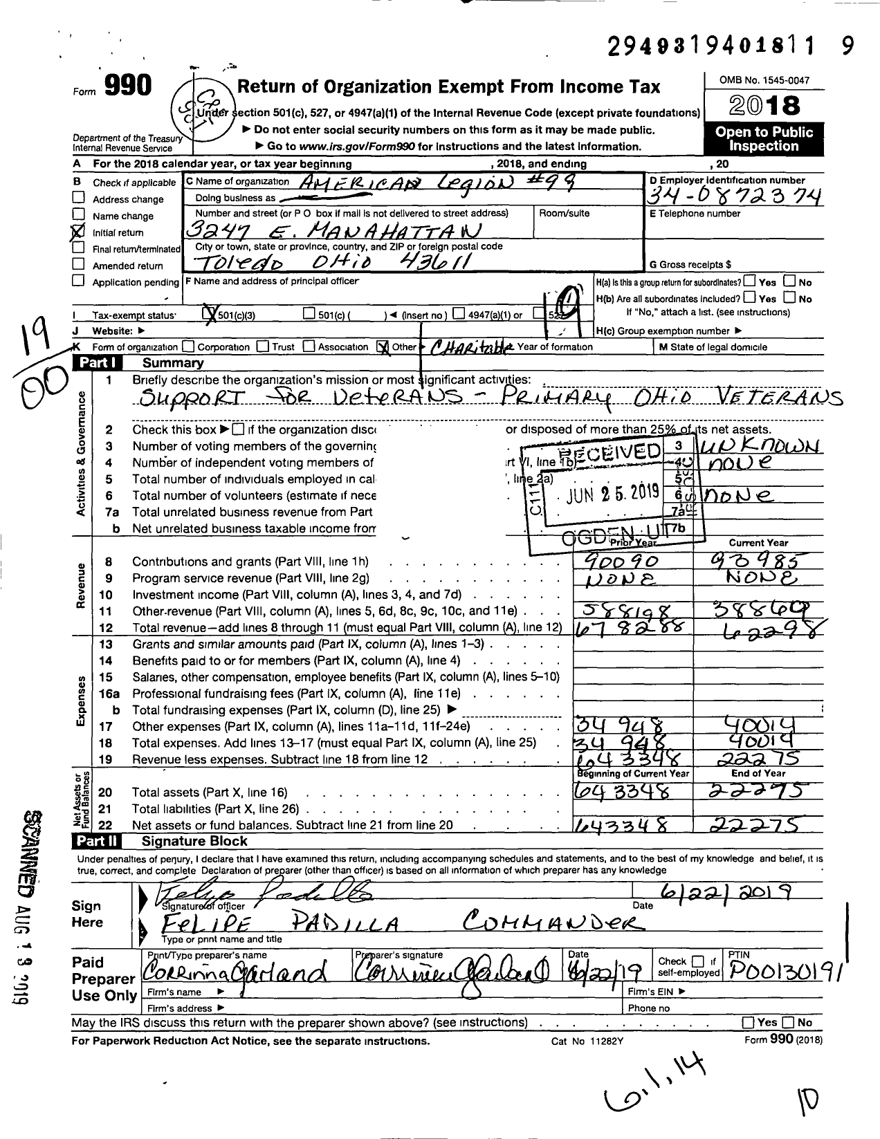 Image of first page of 2018 Form 990O for American Legion 99