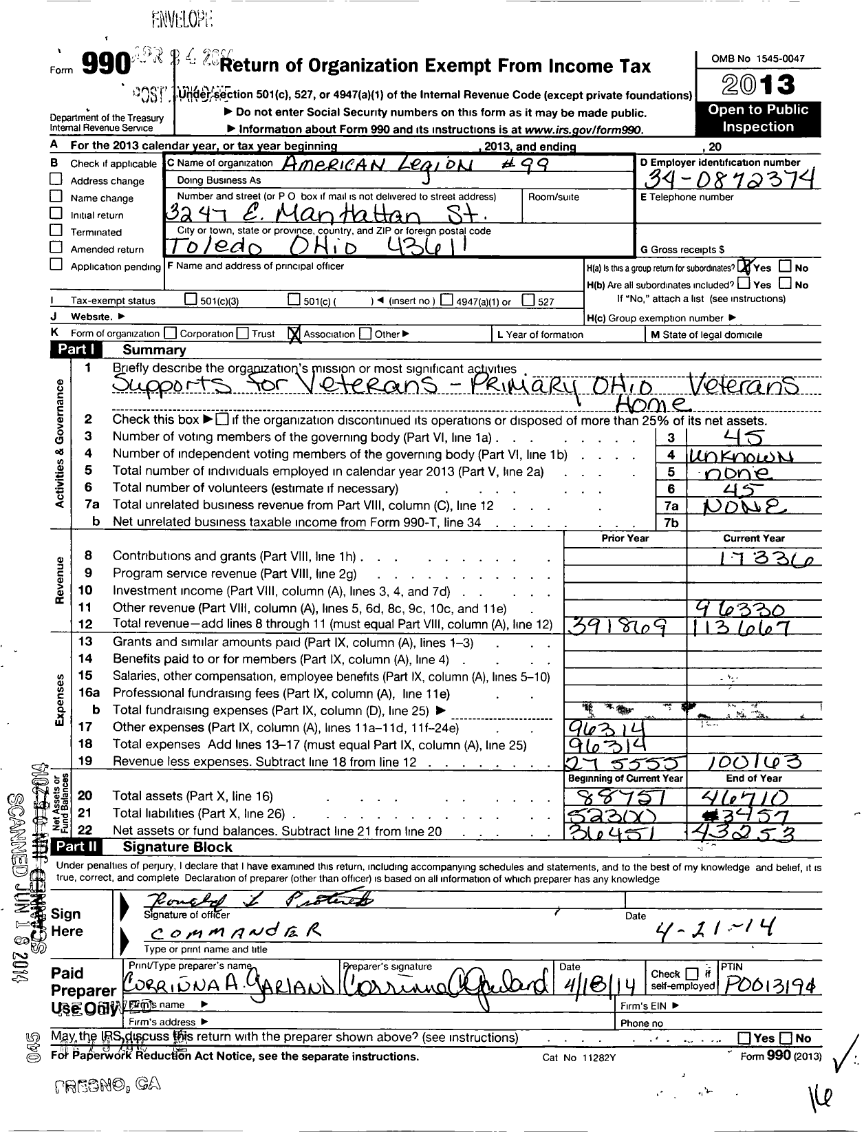Image of first page of 2013 Form 990O for American Legion 99