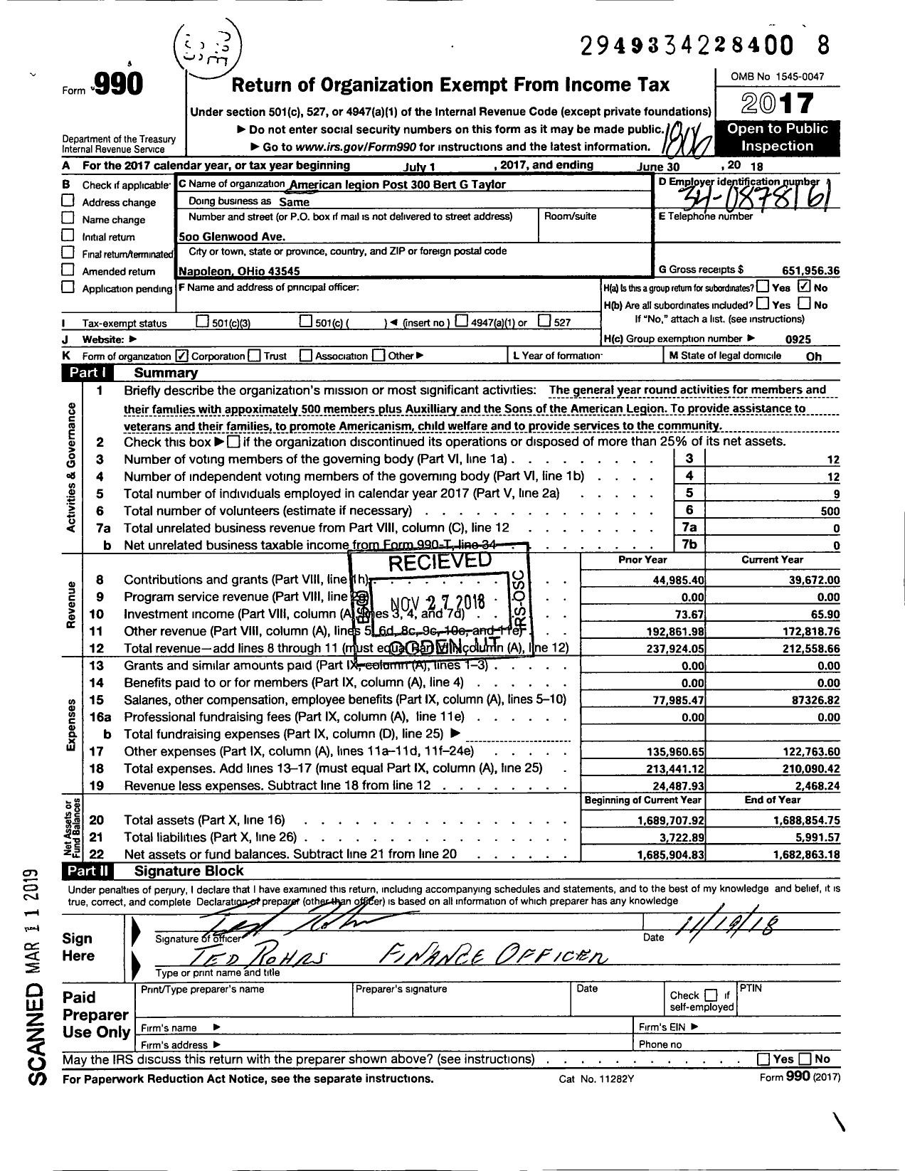 Image of first page of 2017 Form 990O for American Legion - 300 Bert G Taylor Oh Post