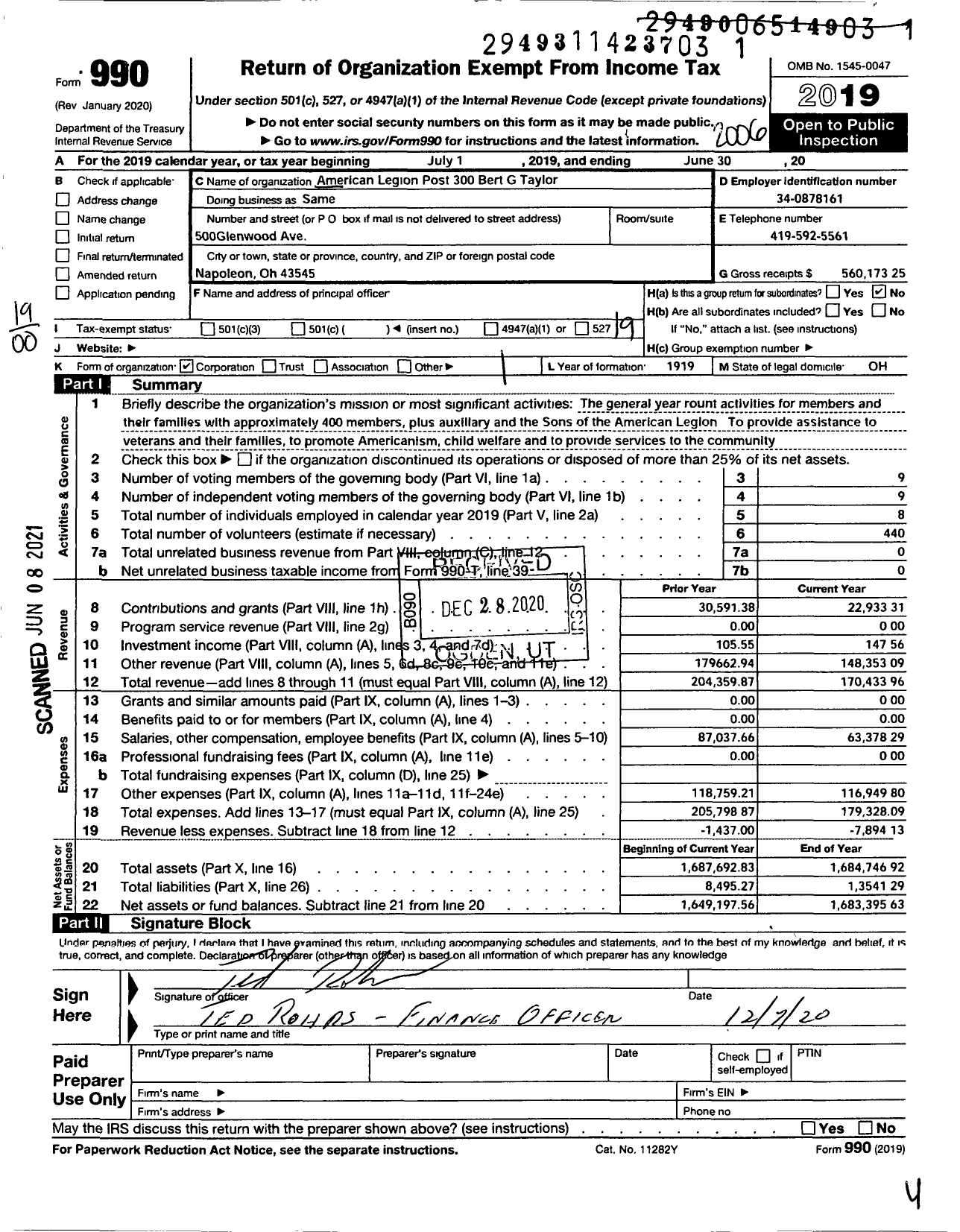 Image of first page of 2019 Form 990O for American Legion - 300 Bert G Taylor Oh Post