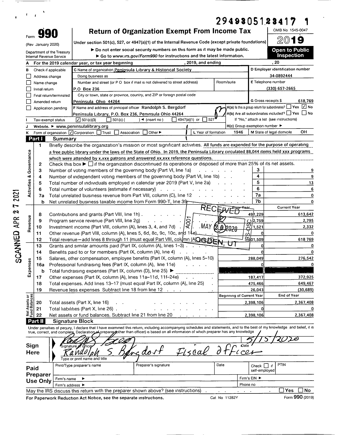 Image of first page of 2019 Form 990 for Peninsula Library and Historical Society