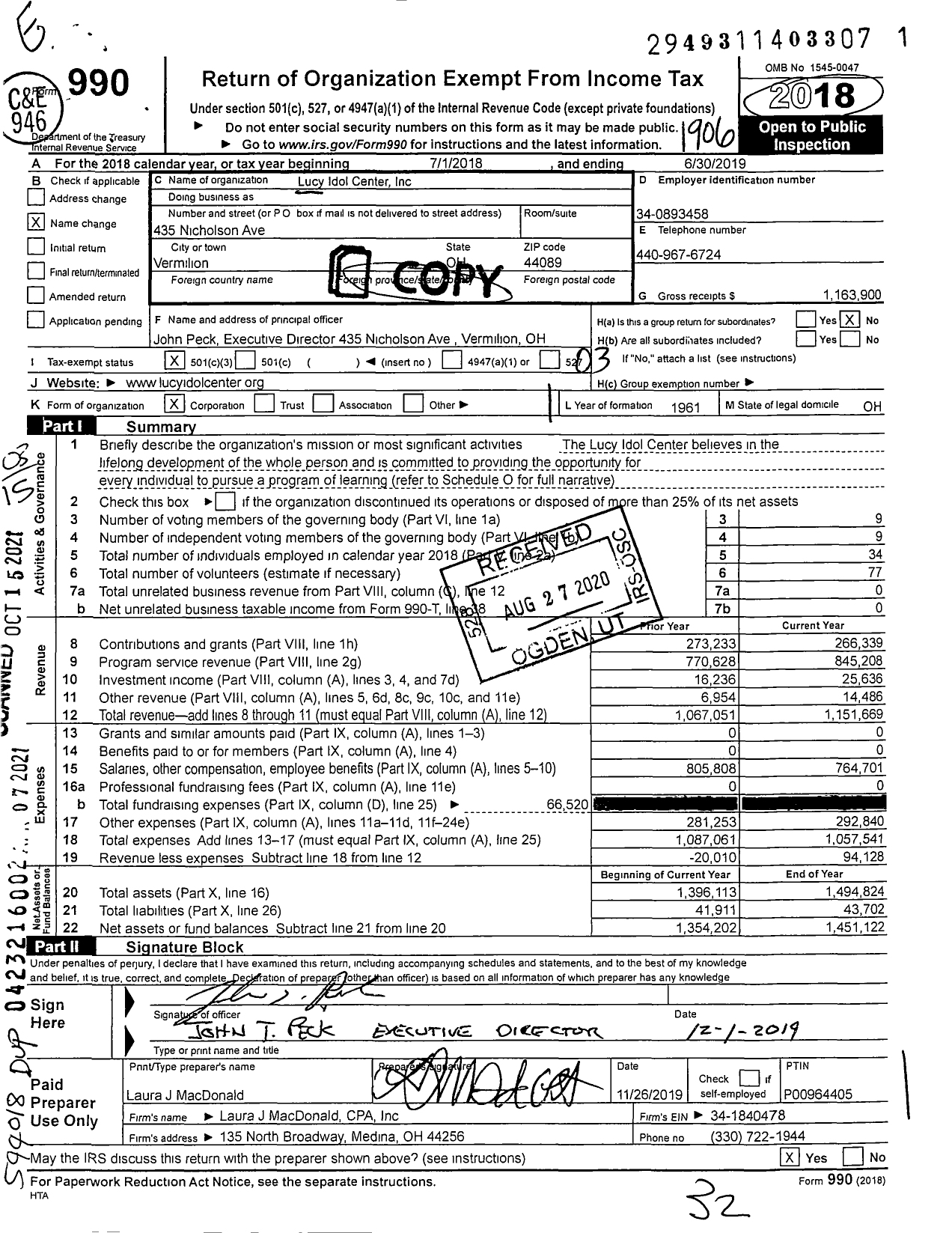 Image of first page of 2018 Form 990 for Lucy Idol Center