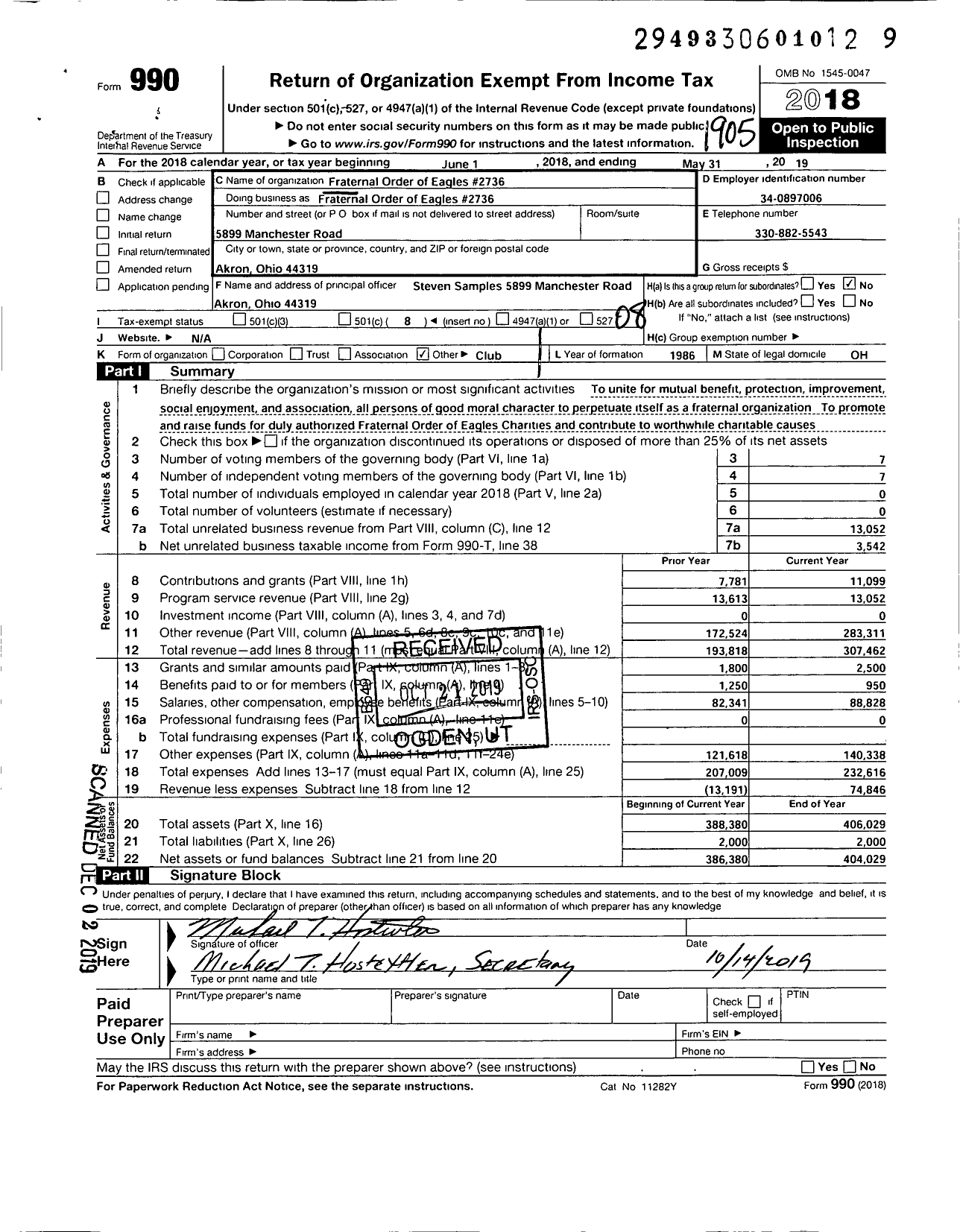 Image of first page of 2018 Form 990O for Fraternal Order of Eagles - Fraternal Order of Eagles 2736