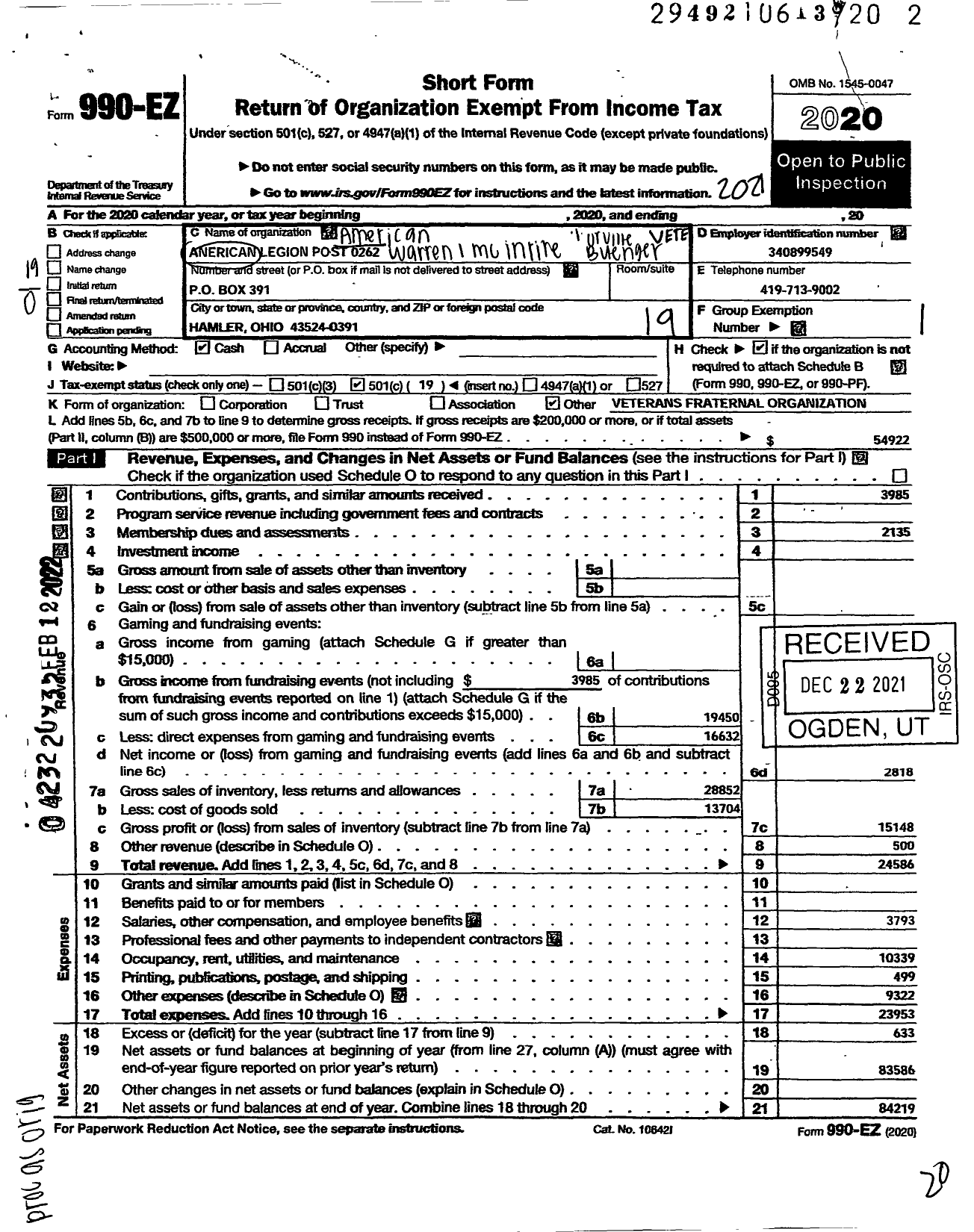 Image of first page of 2021 Form 990EO for AMERICAN LEGION - 262 Warren L MC Intire