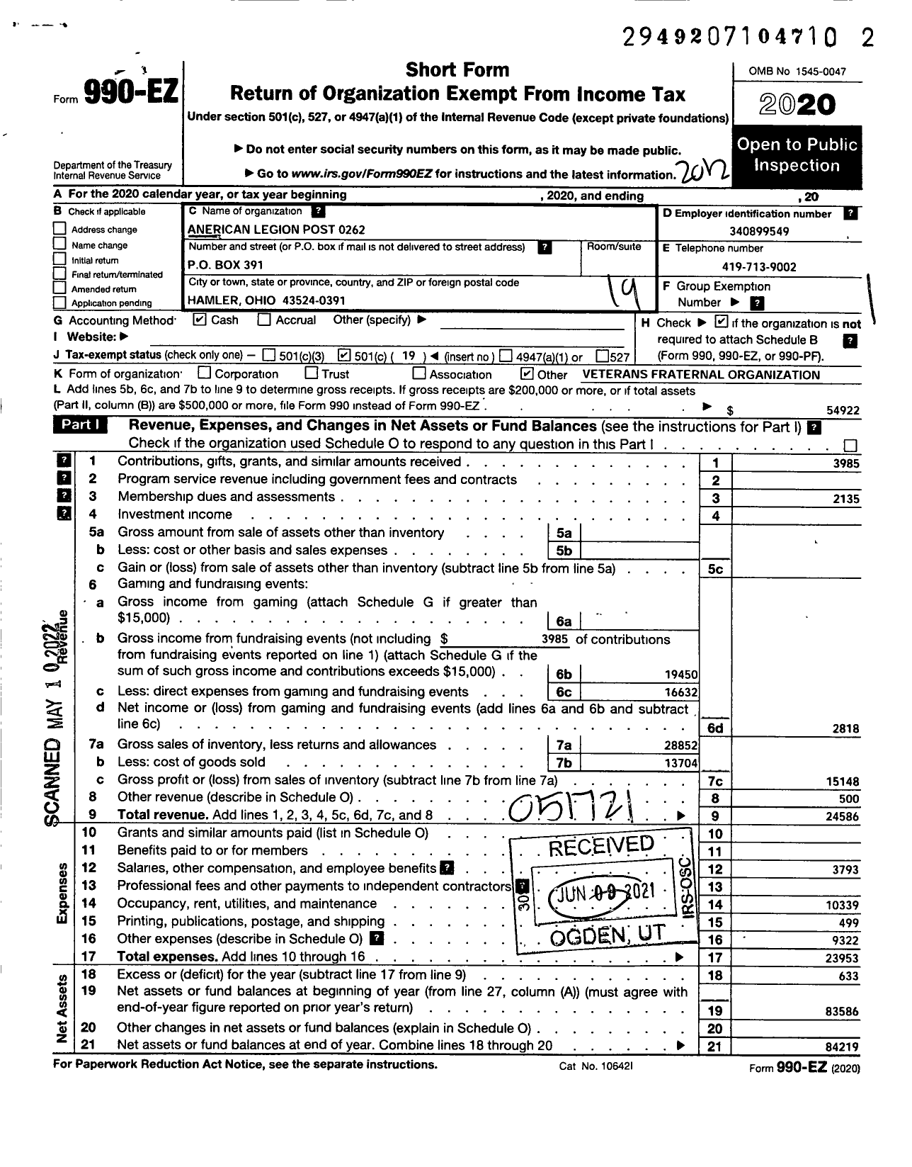 Image of first page of 2020 Form 990EO for AMERICAN LEGION - 262 Warren L MC Intire