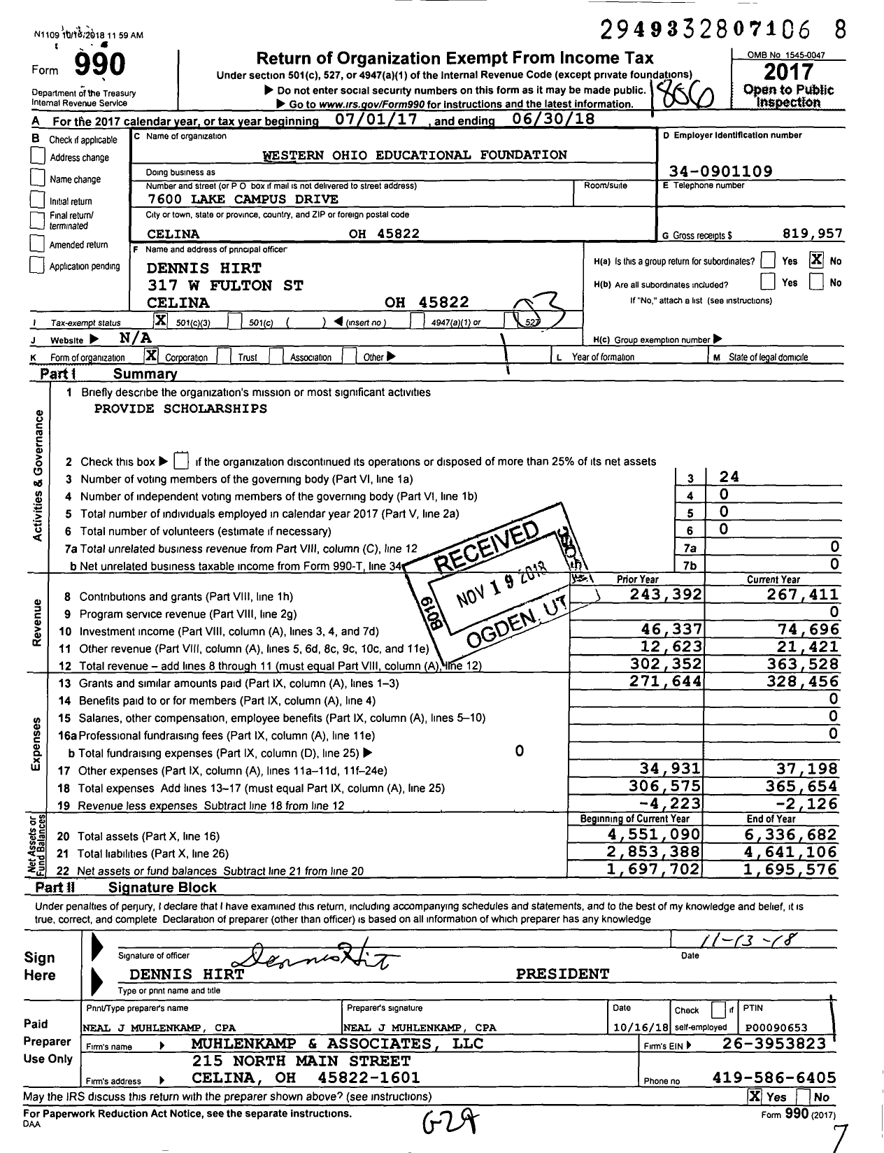 Image of first page of 2017 Form 990 for Western Ohio Educational Foundation