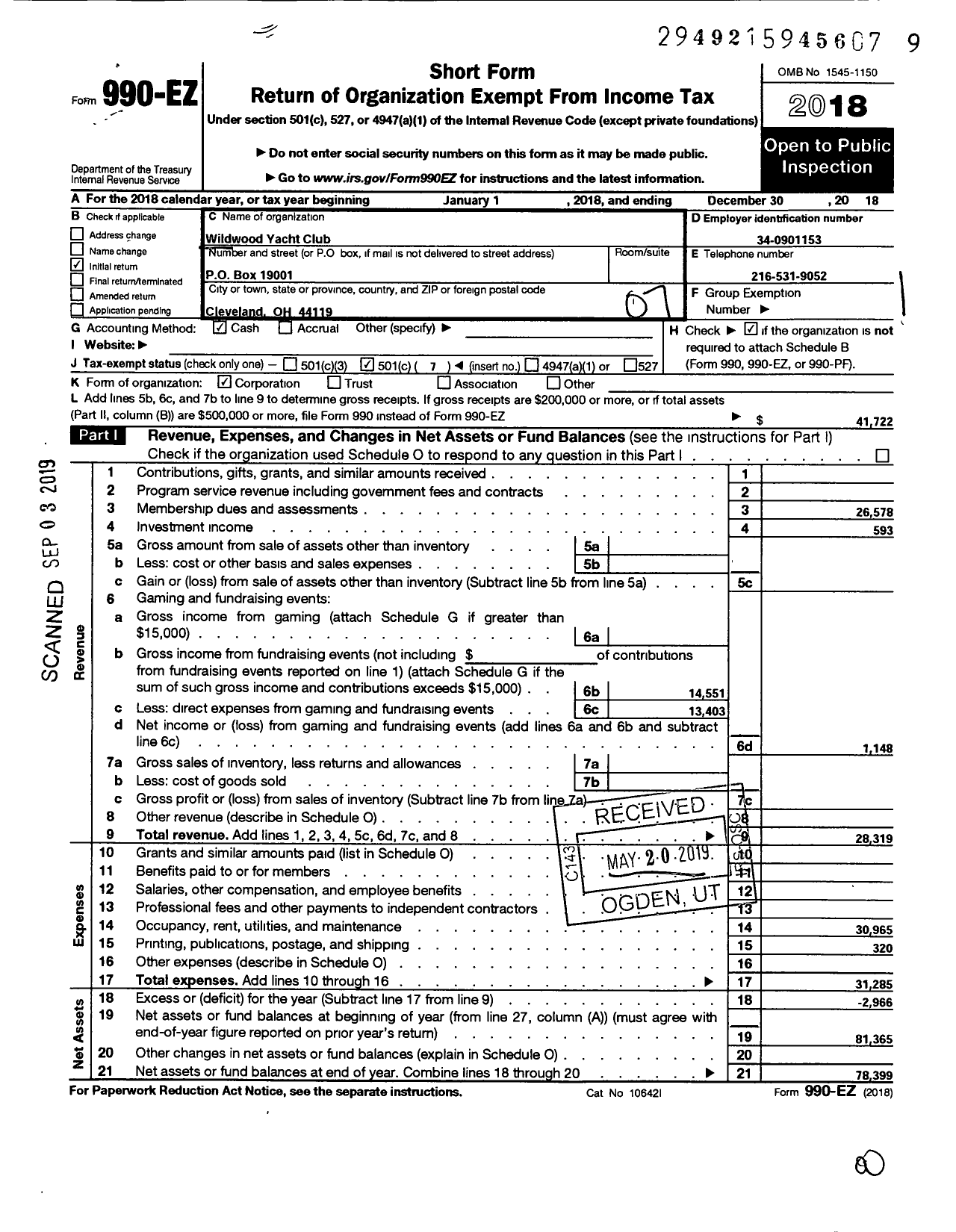 Image of first page of 2018 Form 990EO for Wildwood Yacht Club