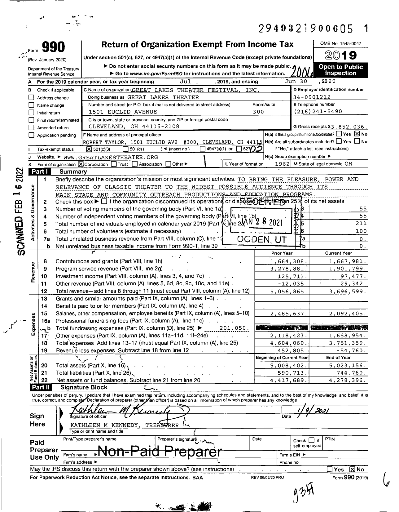 Image of first page of 2019 Form 990 for Great Lakes Theater