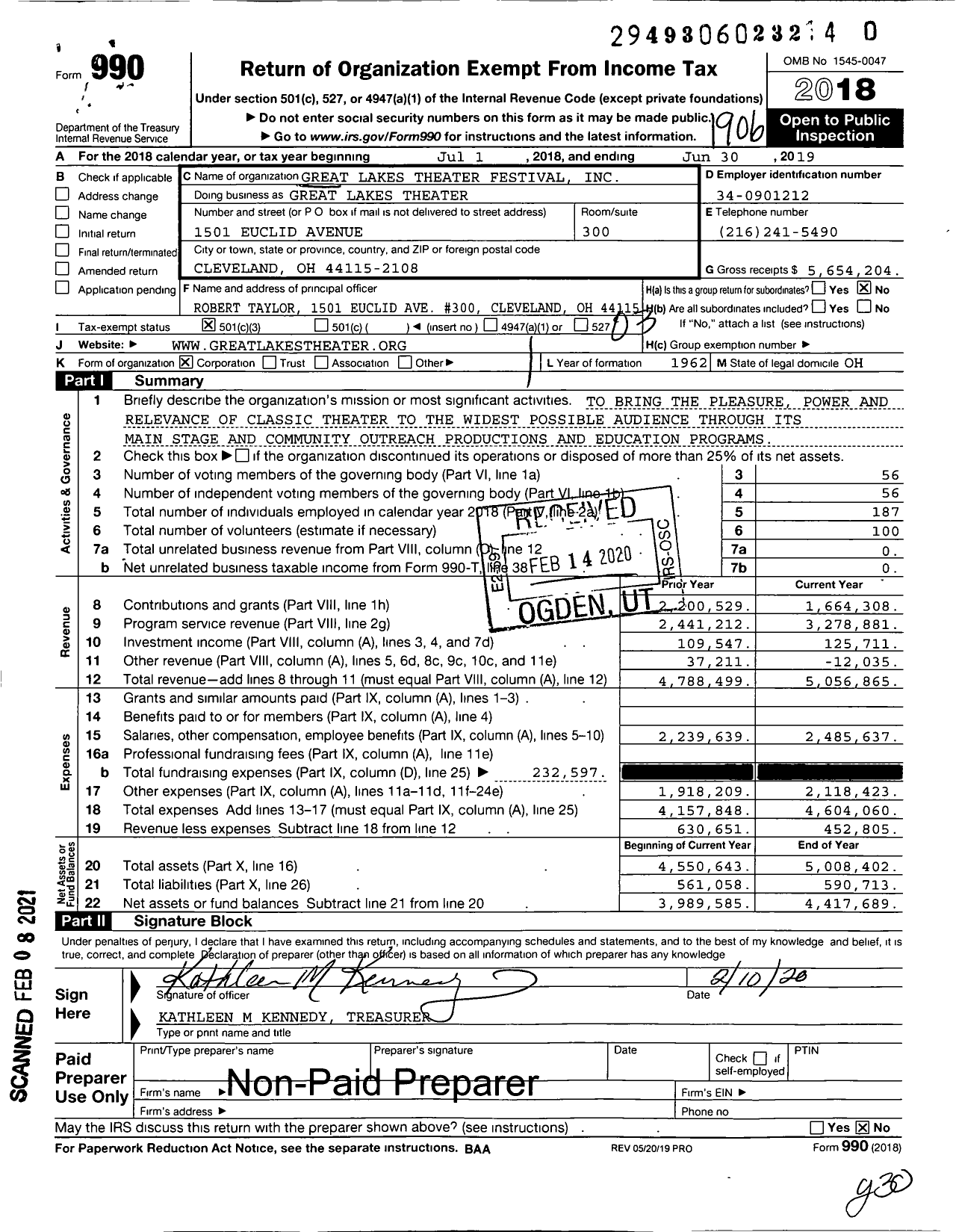 Image of first page of 2018 Form 990 for Great Lakes Theater