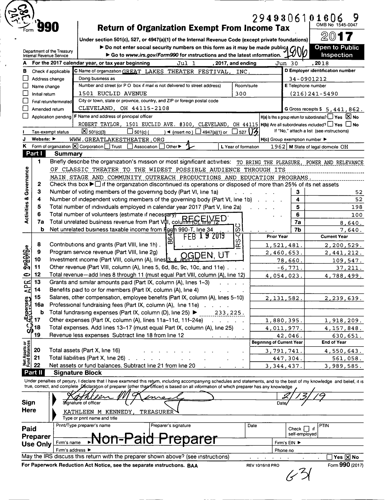 Image of first page of 2017 Form 990 for Great Lakes Theater
