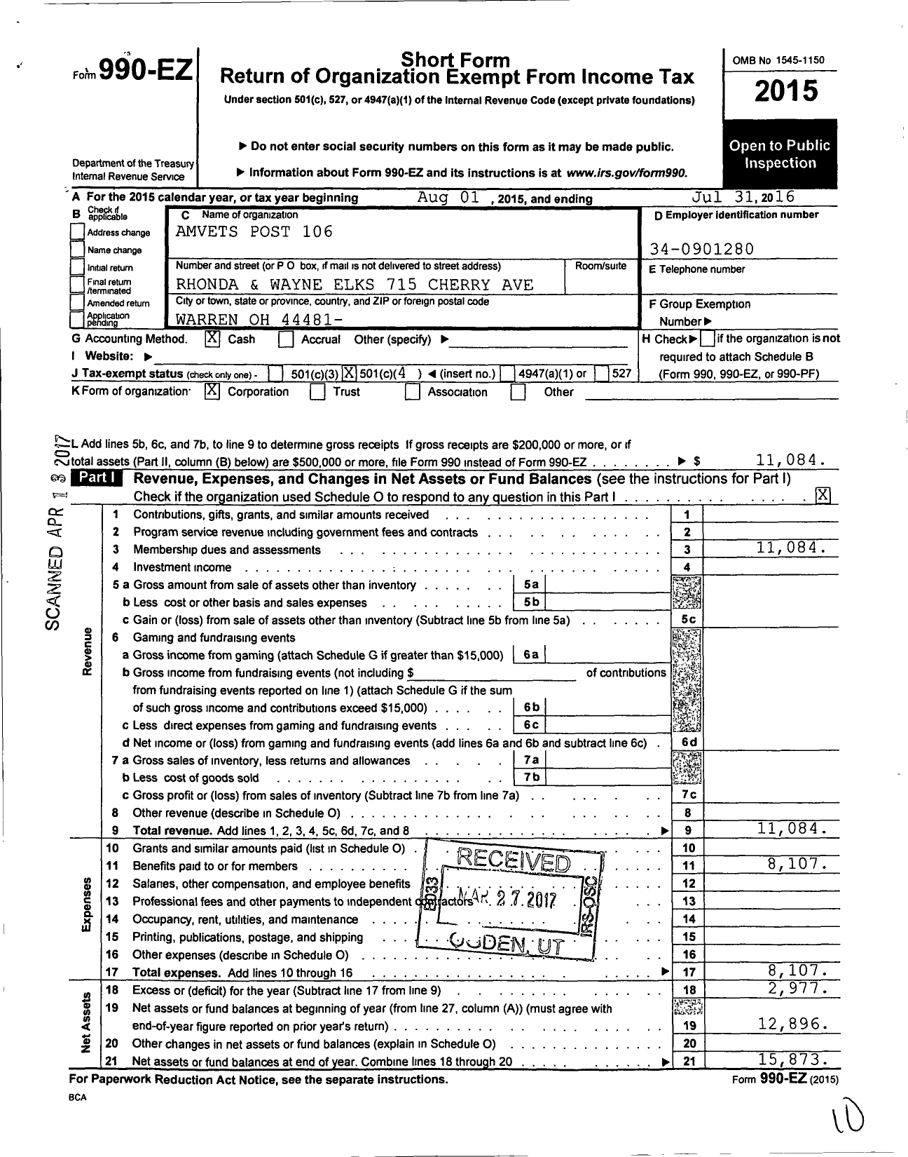 Image of first page of 2015 Form 990EO for Amvets - 0106-Oh