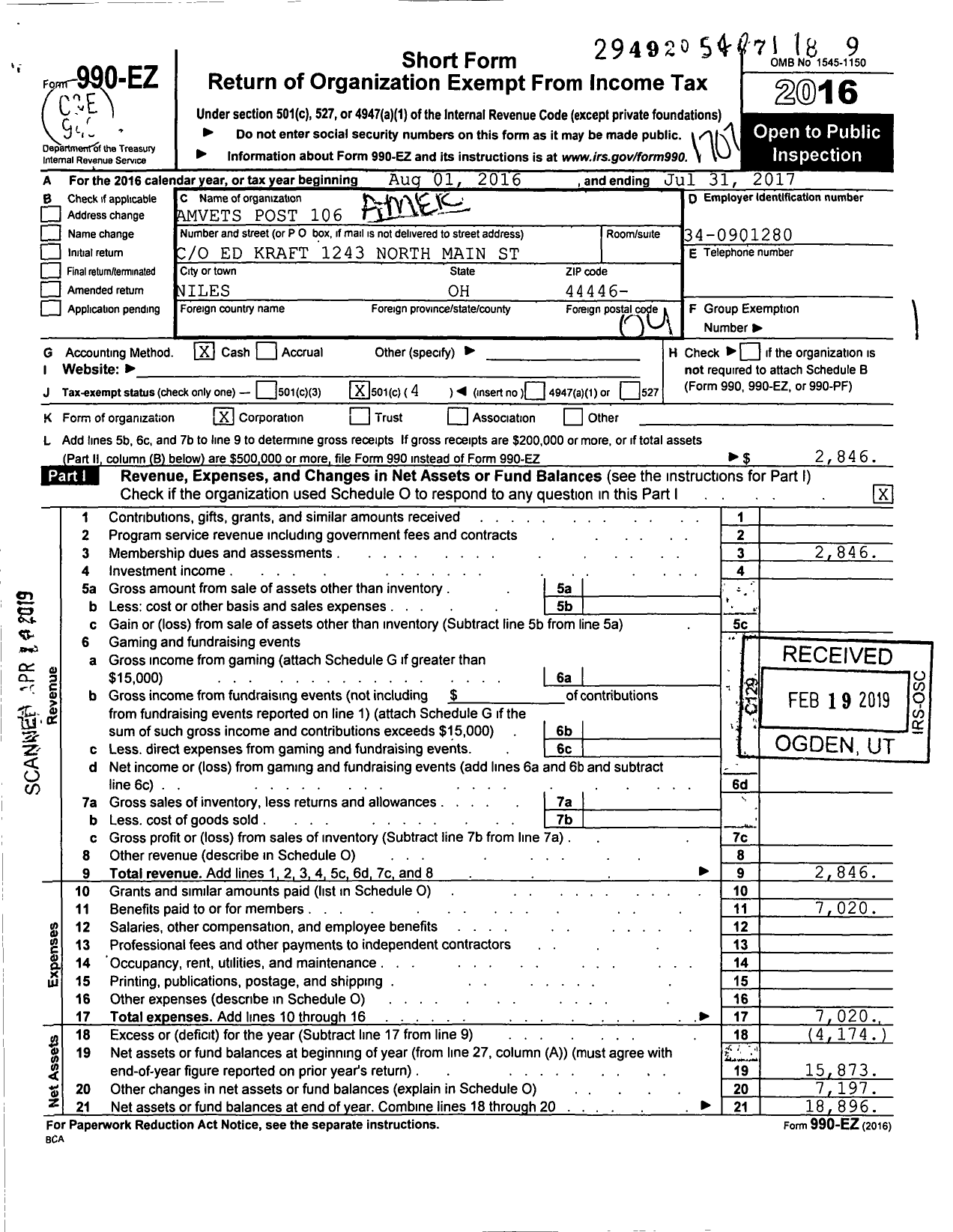 Image of first page of 2016 Form 990EO for Amvets - 0106-Oh