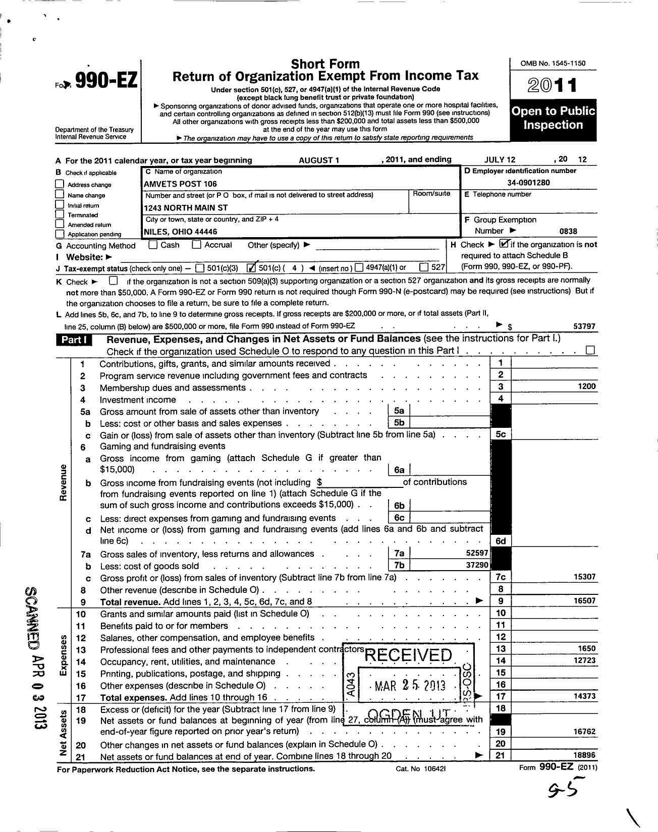 Image of first page of 2011 Form 990EO for Amvets - 0106-Oh