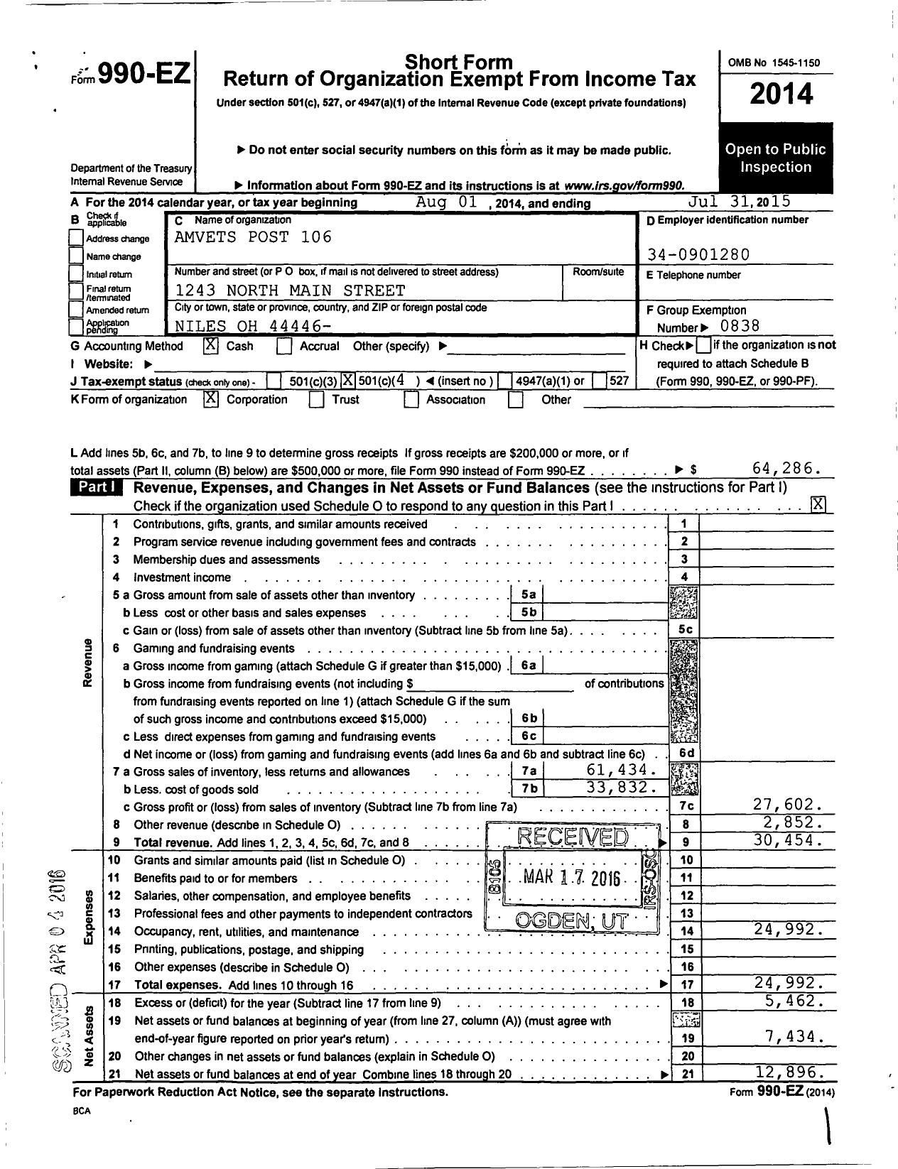 Image of first page of 2014 Form 990EO for Amvets - 0106-Oh