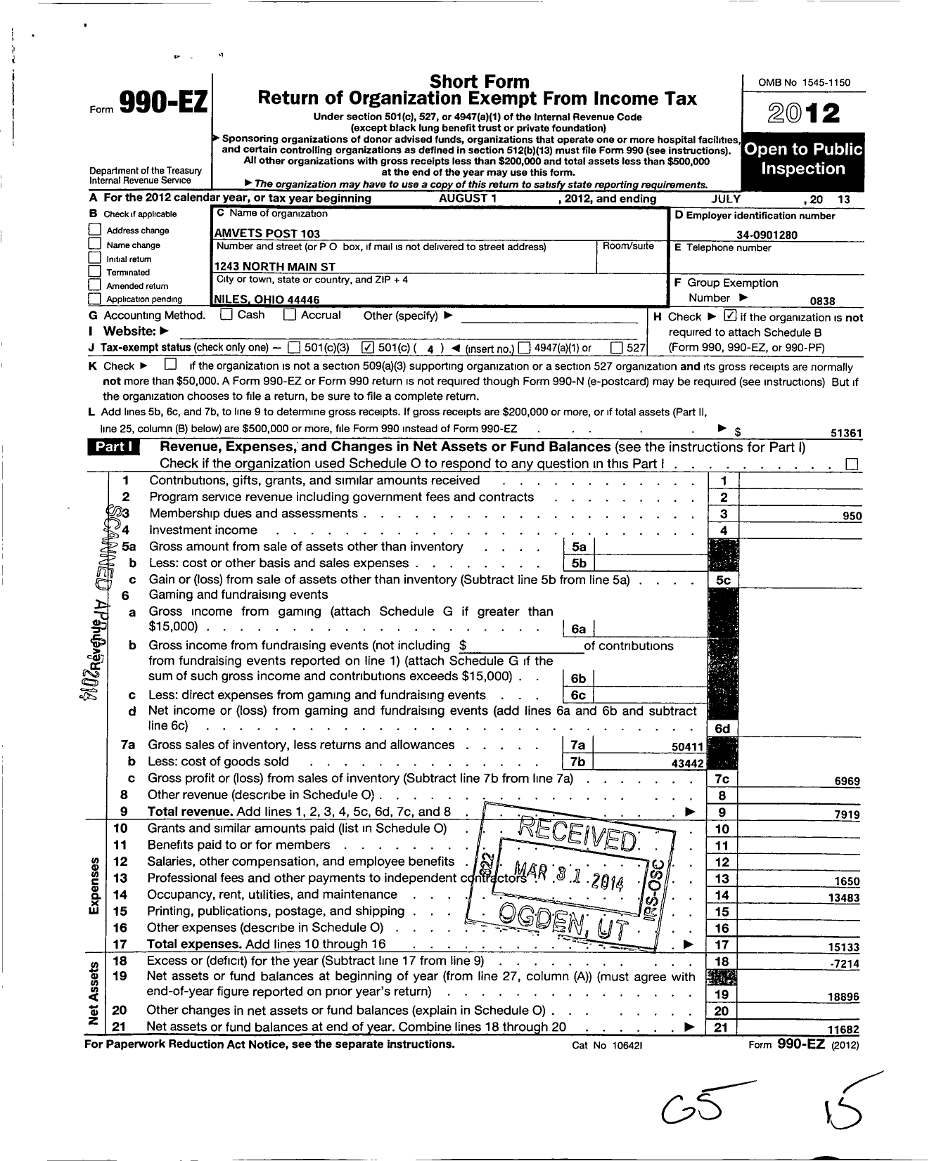 Image of first page of 2012 Form 990EO for Amvets - 0106-Oh