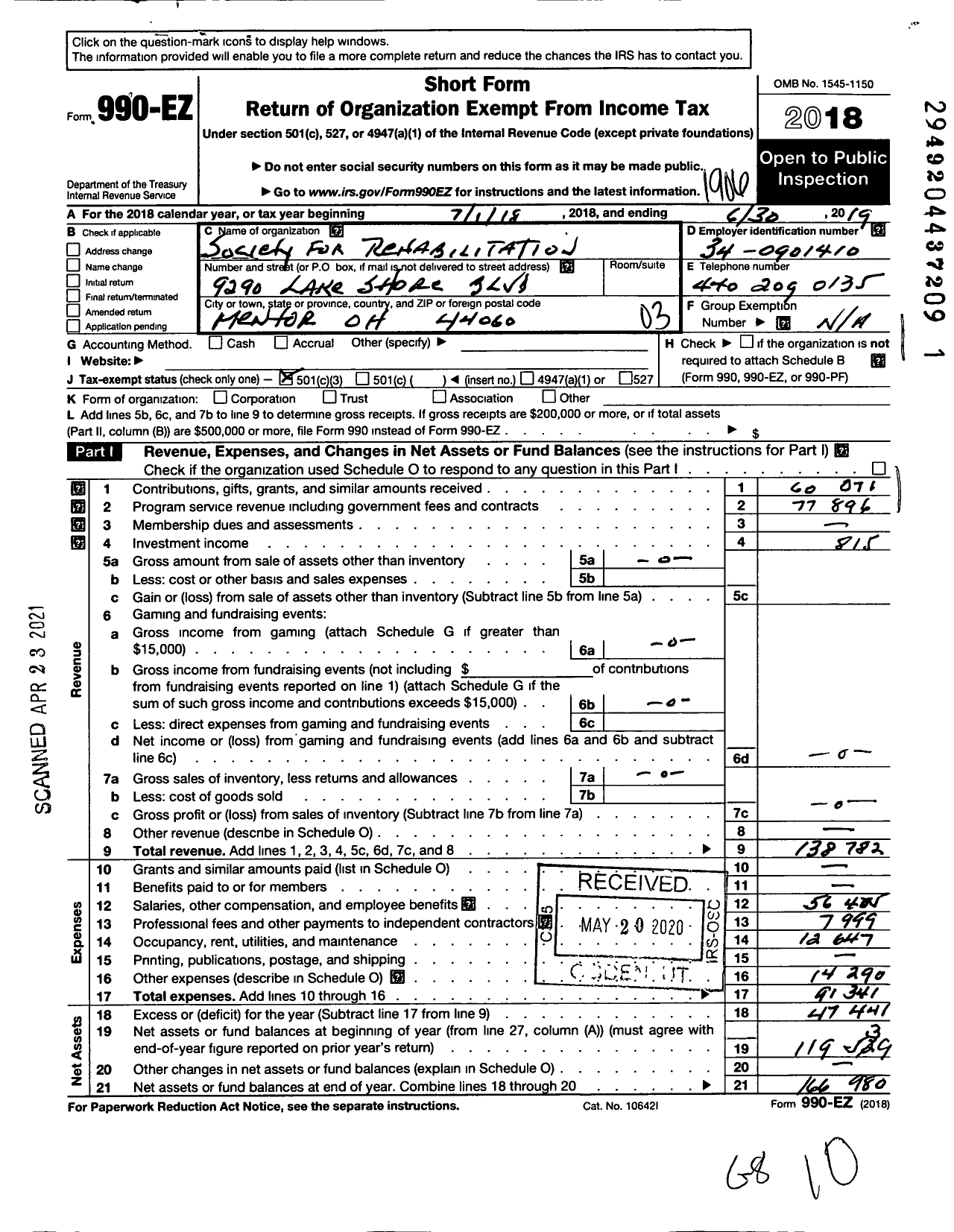 Image of first page of 2018 Form 990EZ for Society for Rehabilitation