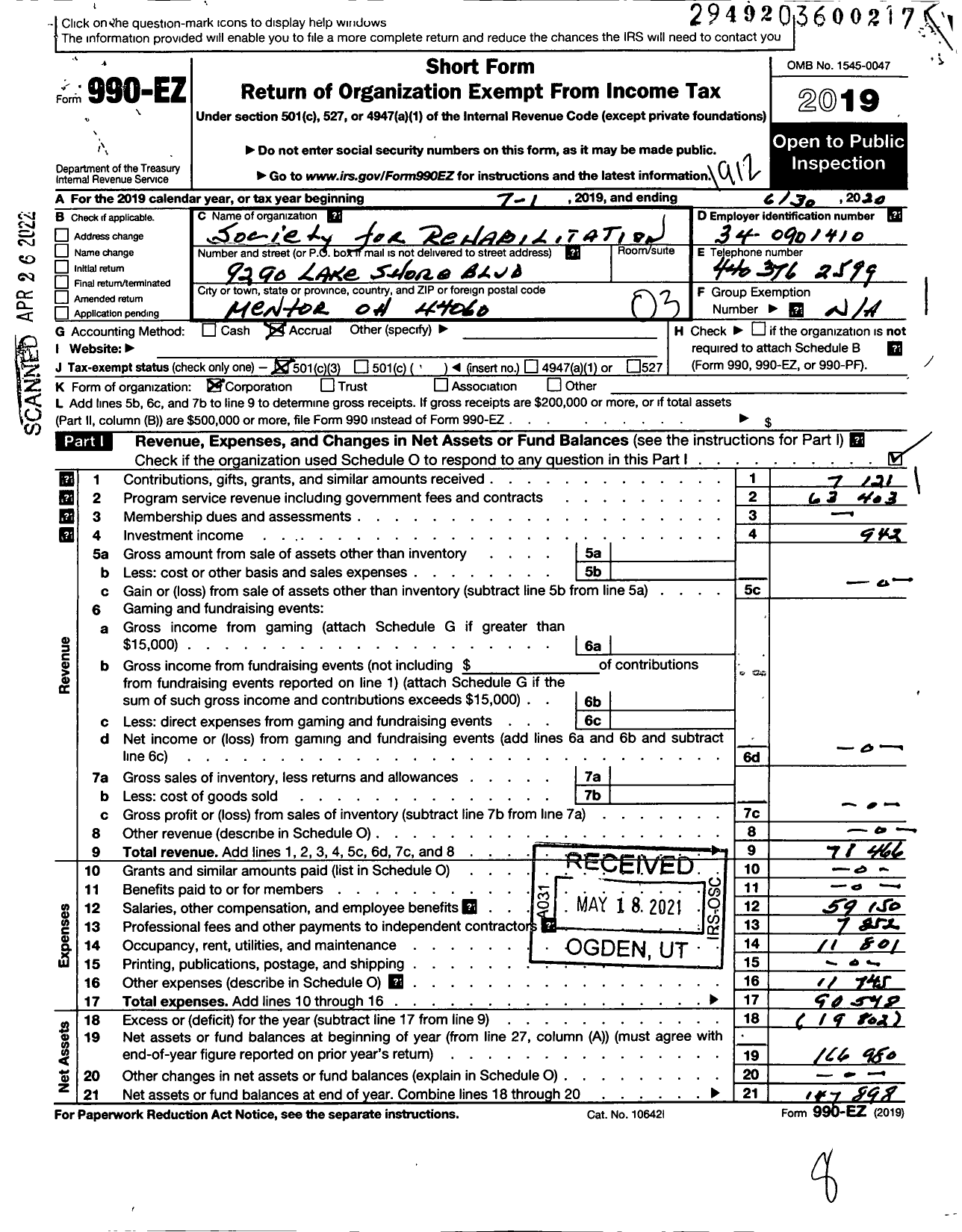 Image of first page of 2019 Form 990EZ for Society for Rehabilitation