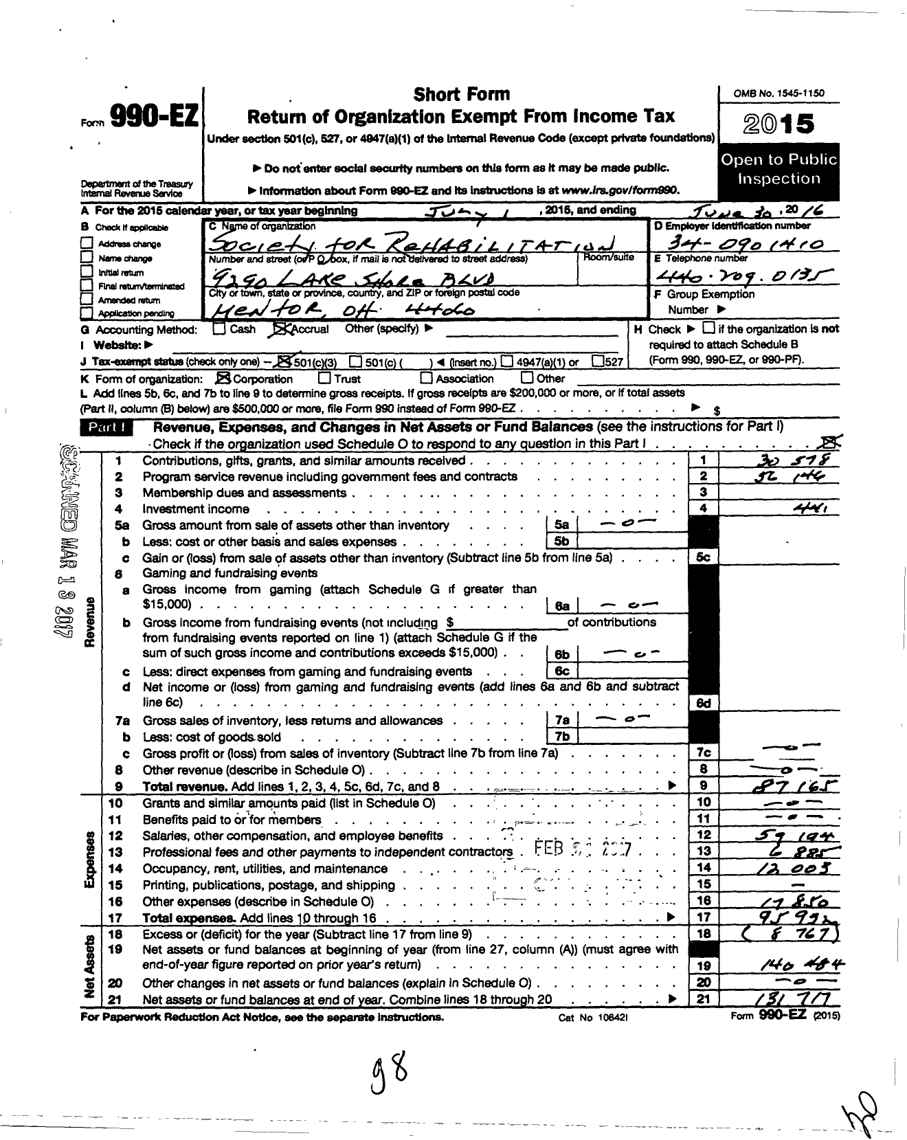 Image of first page of 2015 Form 990EZ for Society for Rehabilitation